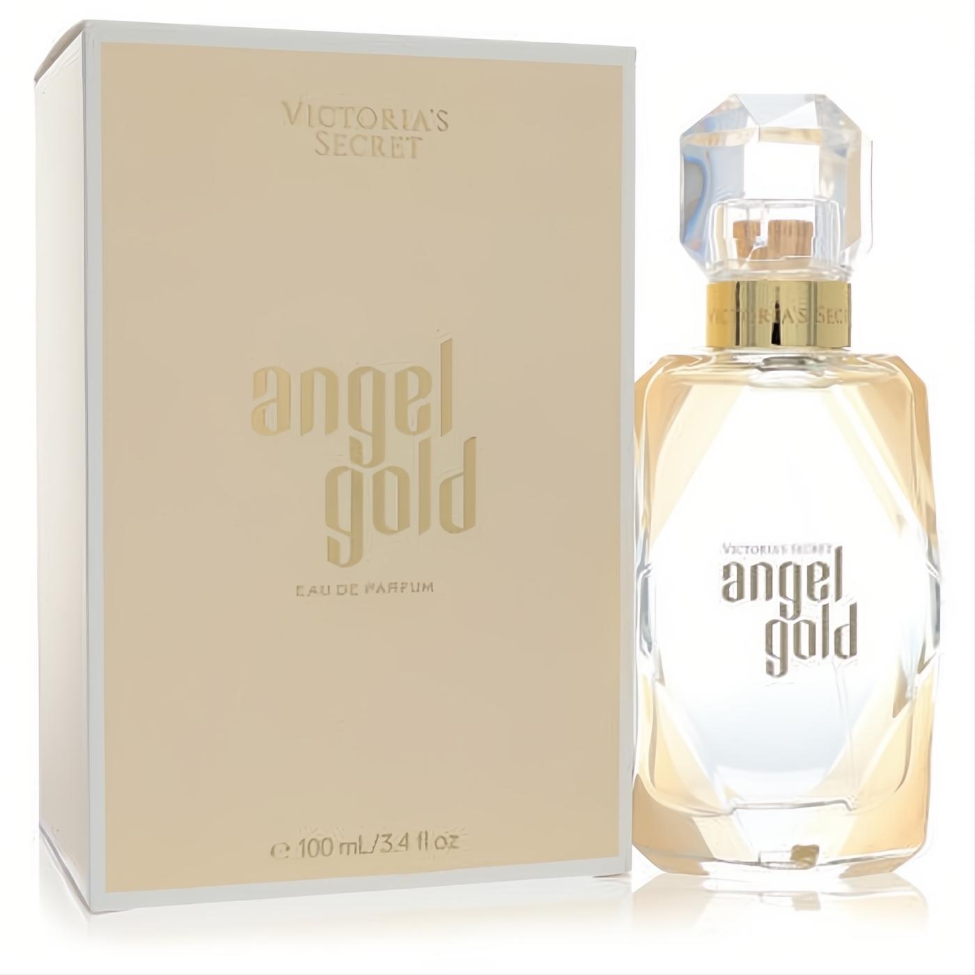 Victoria's Secret Angel Gold 3.4 oz Eau de Parfum. Radiant gold-toned bottle with faceted cap and elegant cream-gold box.