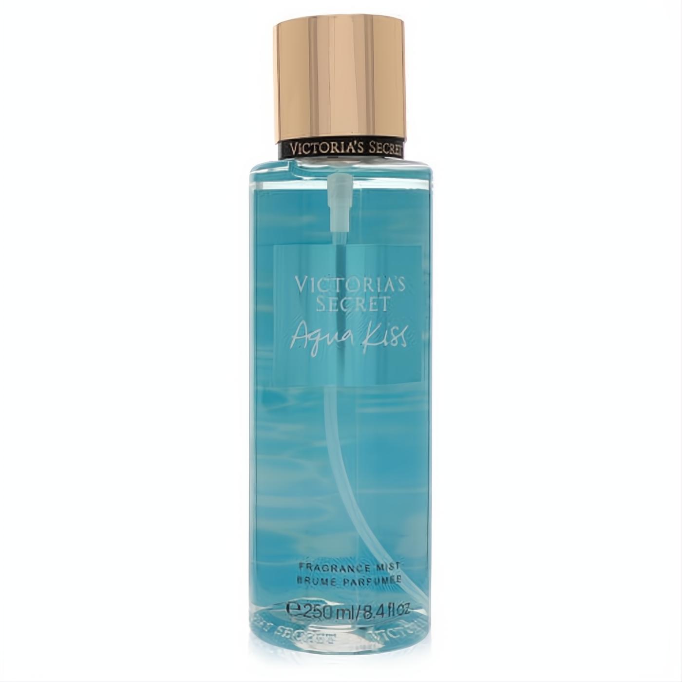 Victoria's Secret Aqua Kiss 8.4 oz fragrance mist. Clear bottle, vibrant blue liquid, sleek rose gold cap.