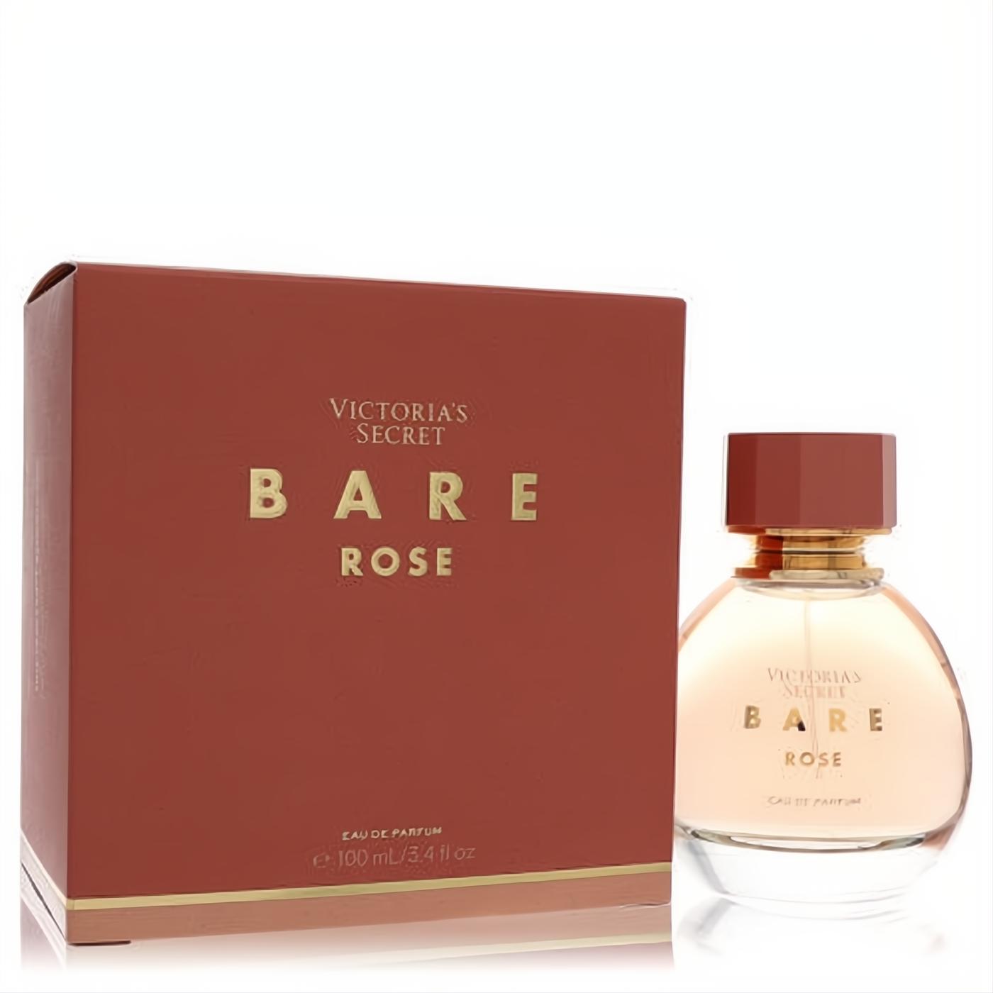 Victoria's Secret Bare Rose 3.4 oz Eau De Parfum spray. Clear glass bottle with rose liquid, terracotta cap, and matching gold-accented box.