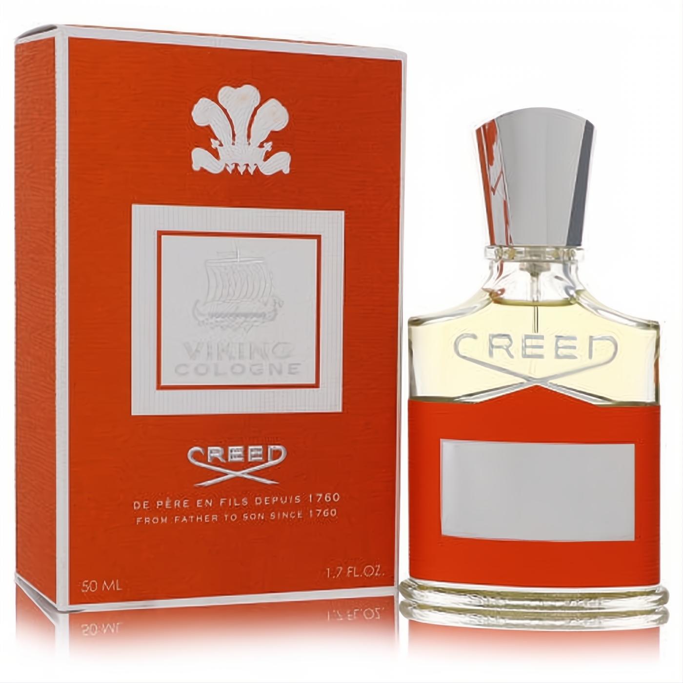 Creed Viking Cologne 1.7 oz Eau De Parfum spray. Bold orange box with ship logo, clear bottle, silver cap. Iconic men's fragrance.