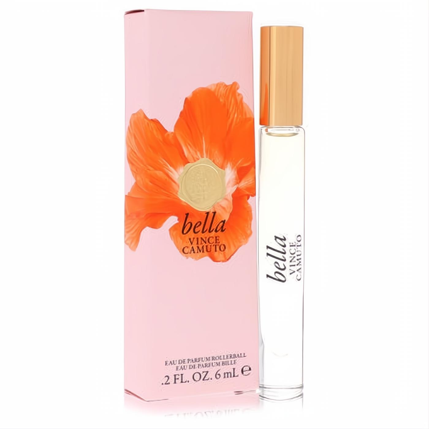 Vince Camuto Bella mini .2 oz EDP rollerball: clear glass tube, gold cap, and elegant pink box with a vibrant orange poppy.