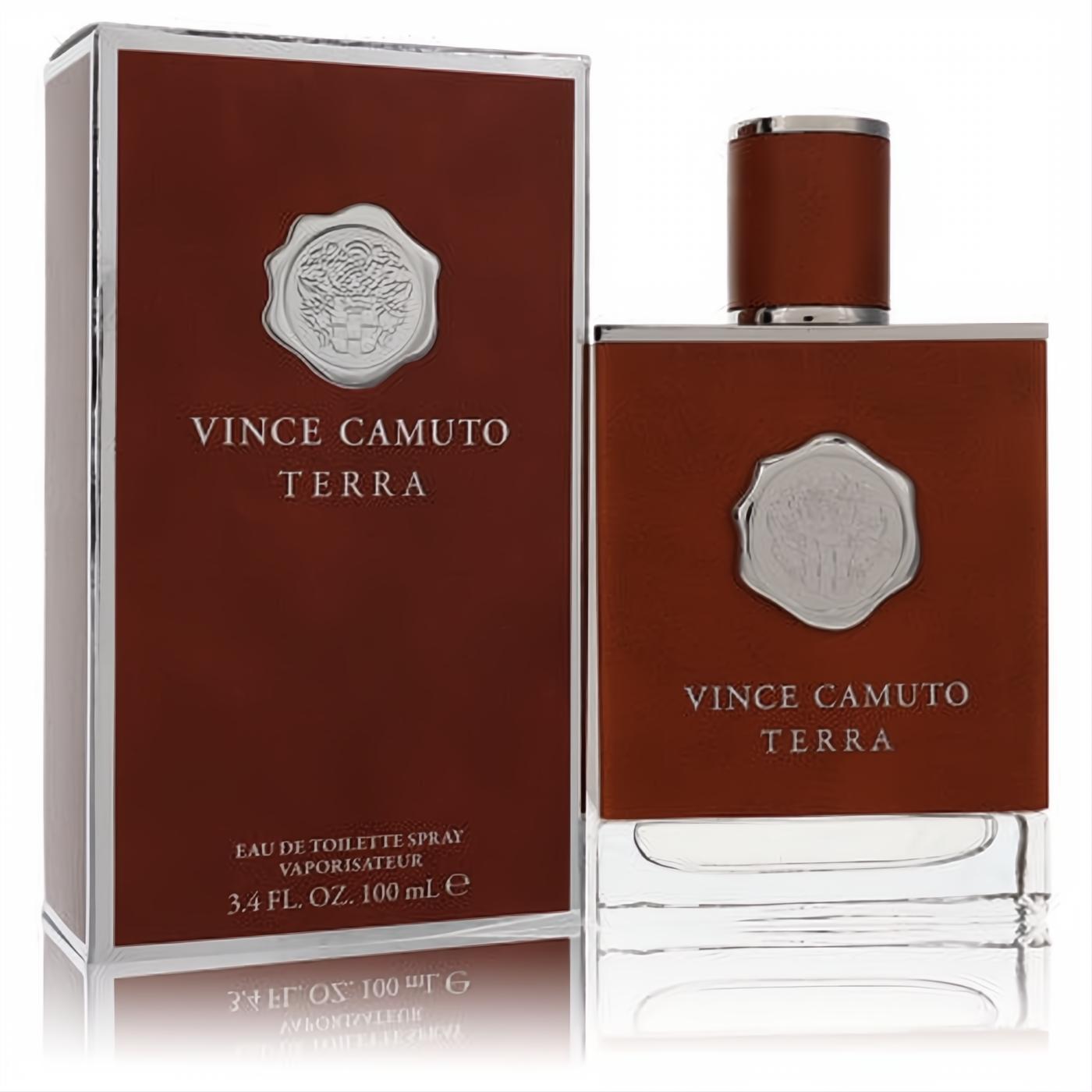 Vince Camuto Terra 3.4 oz men's EDT. Earthy brown bottle with a silver crest, cap, and matching elegant box.