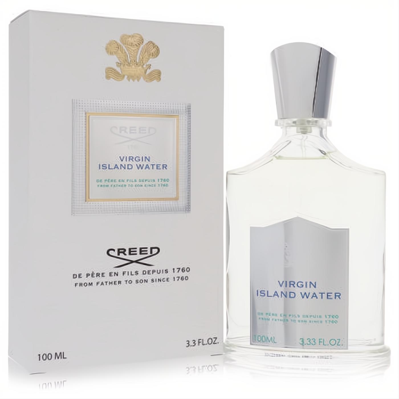 Iconic Creed Virgin Island Water 100ml EDP. Clear glass bottle, silver cap, and luxurious white box.