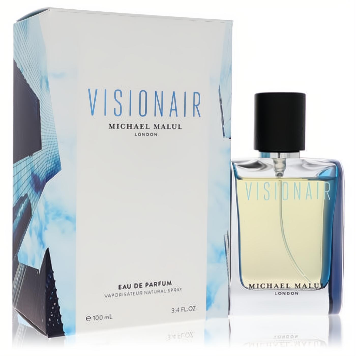 Visionair Michael Malul 3.4 oz Eau de Parfum for women. Sleek clear glass bottle, black cap, elegant white box with modern blue sky design.