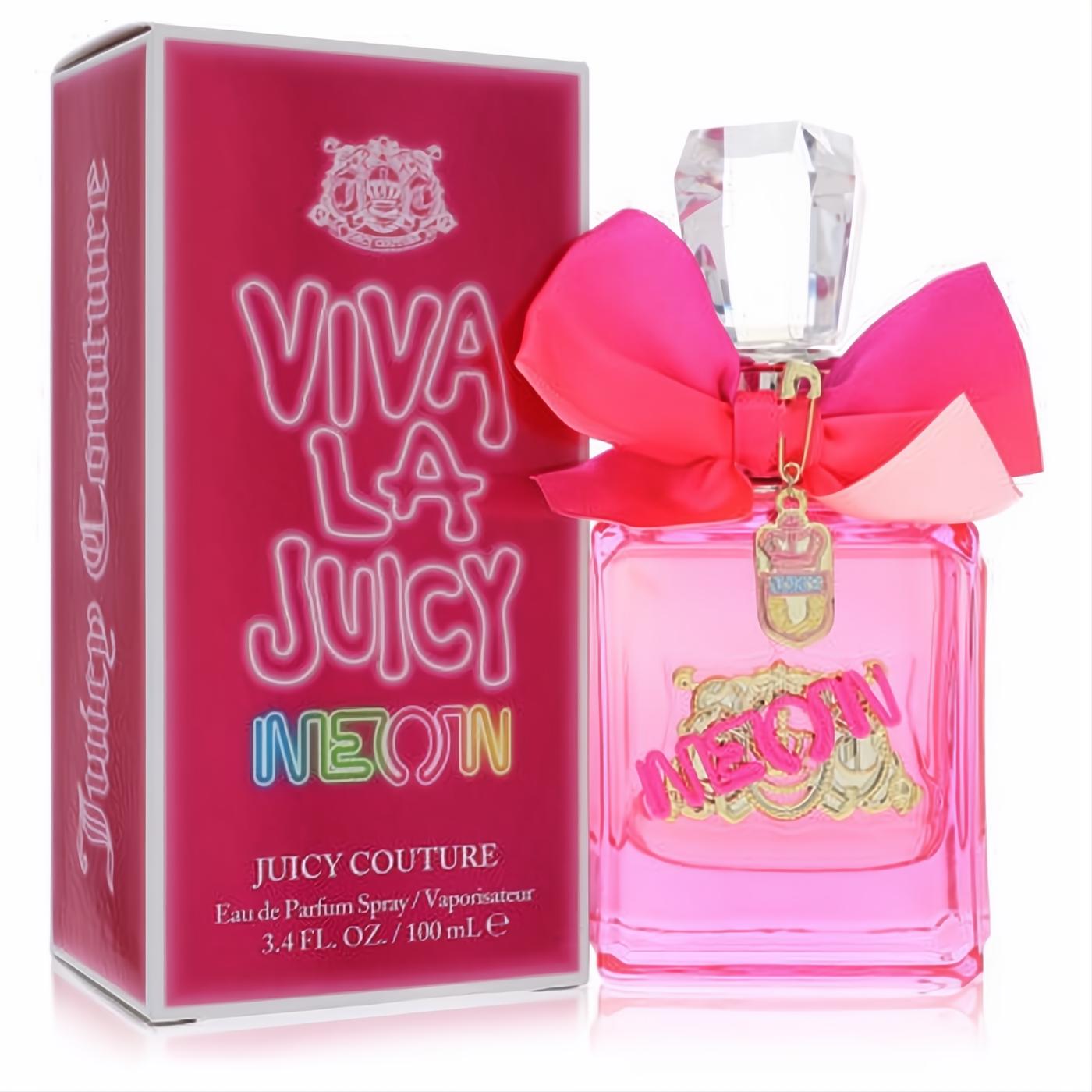 Sparkling Viva La Juicy Neon 3.4 oz EDP in a pink glass bottle with a chic satin bow and gold charm.