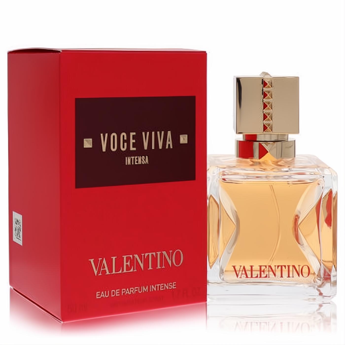 Valentino Voce Viva Intensa 1.7 oz women's EDP. Vibrant red box, clear bottle with golden liquid, and signature gold studded cap.