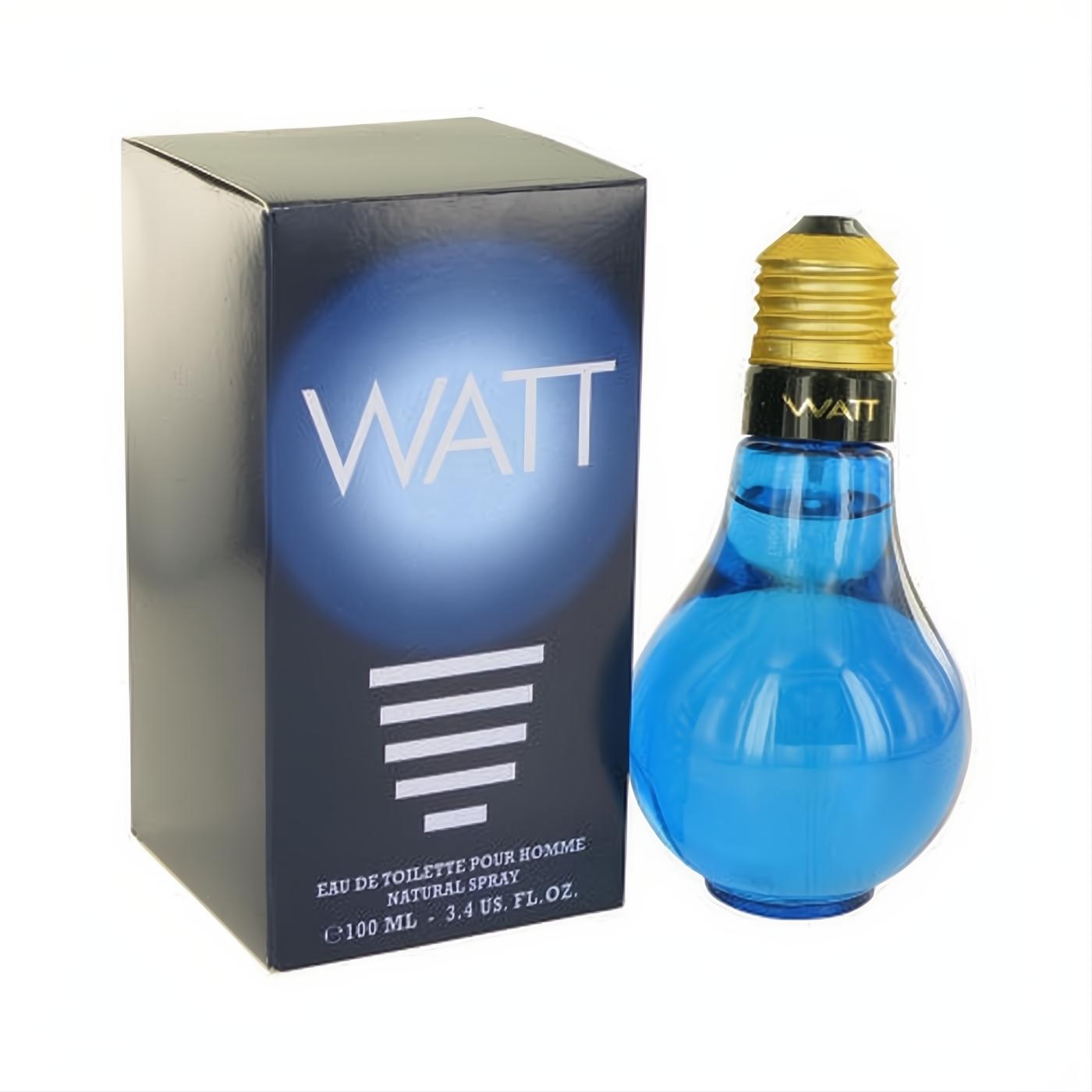 WATT Blue 3.4 oz men's EDT: iconic lightbulb-shaped blue glass bottle with gold cap, presented with its sleek dark box.