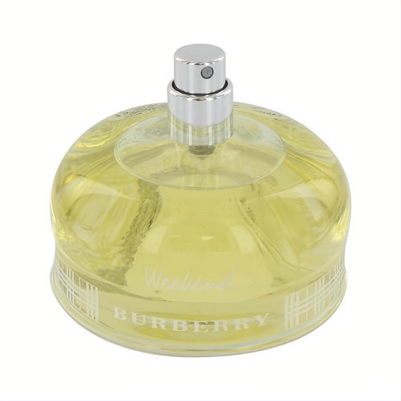 Burberry Weekend 3.4 oz Eau De Parfum tester. Round glass bottle with light yellow fragrance, silver spray, and iconic Burberry plaid detail.