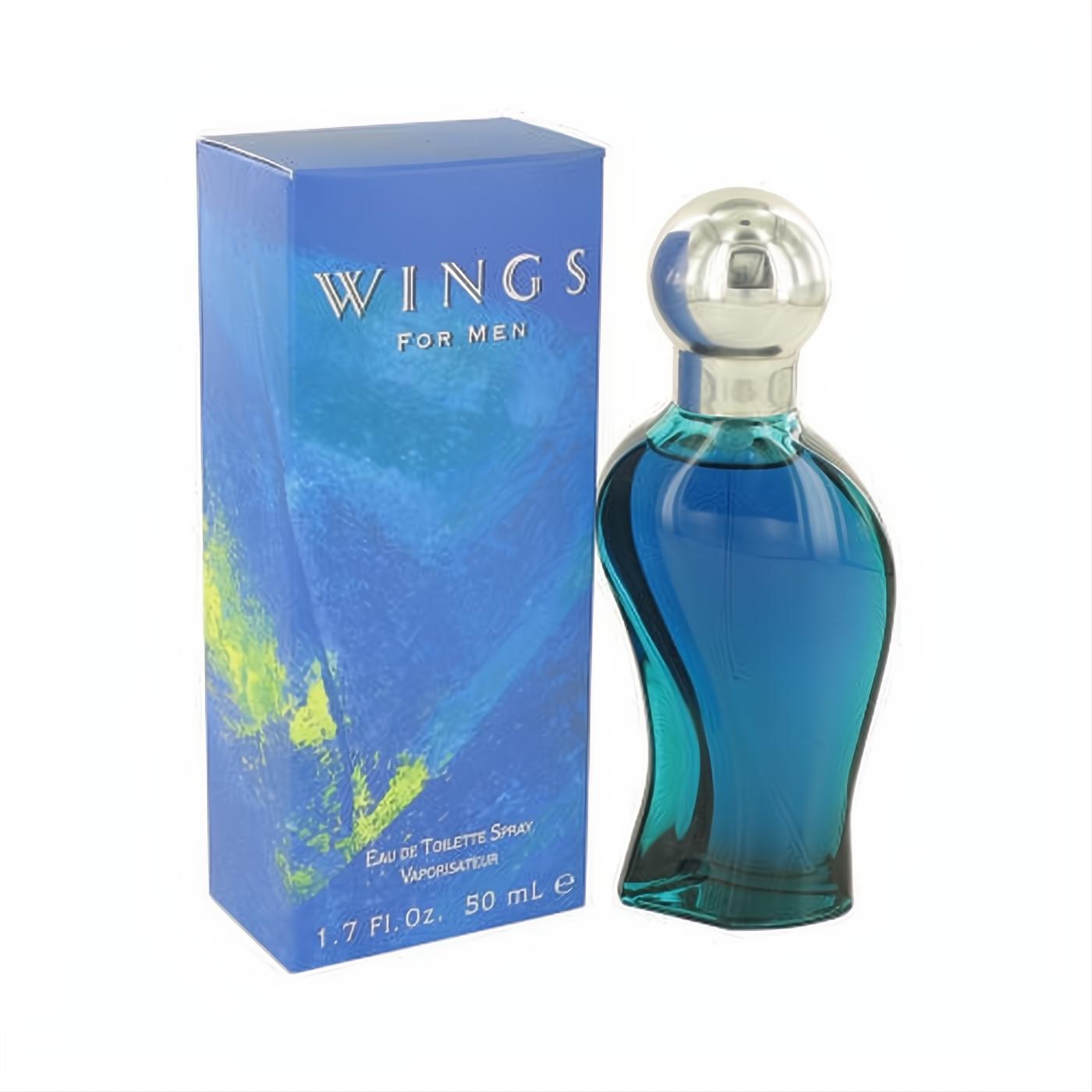 WINGS for Men 1.7 oz EDT. Captivating blue glass bottle with unique wave design, sleek silver cap, and vibrant matching box.