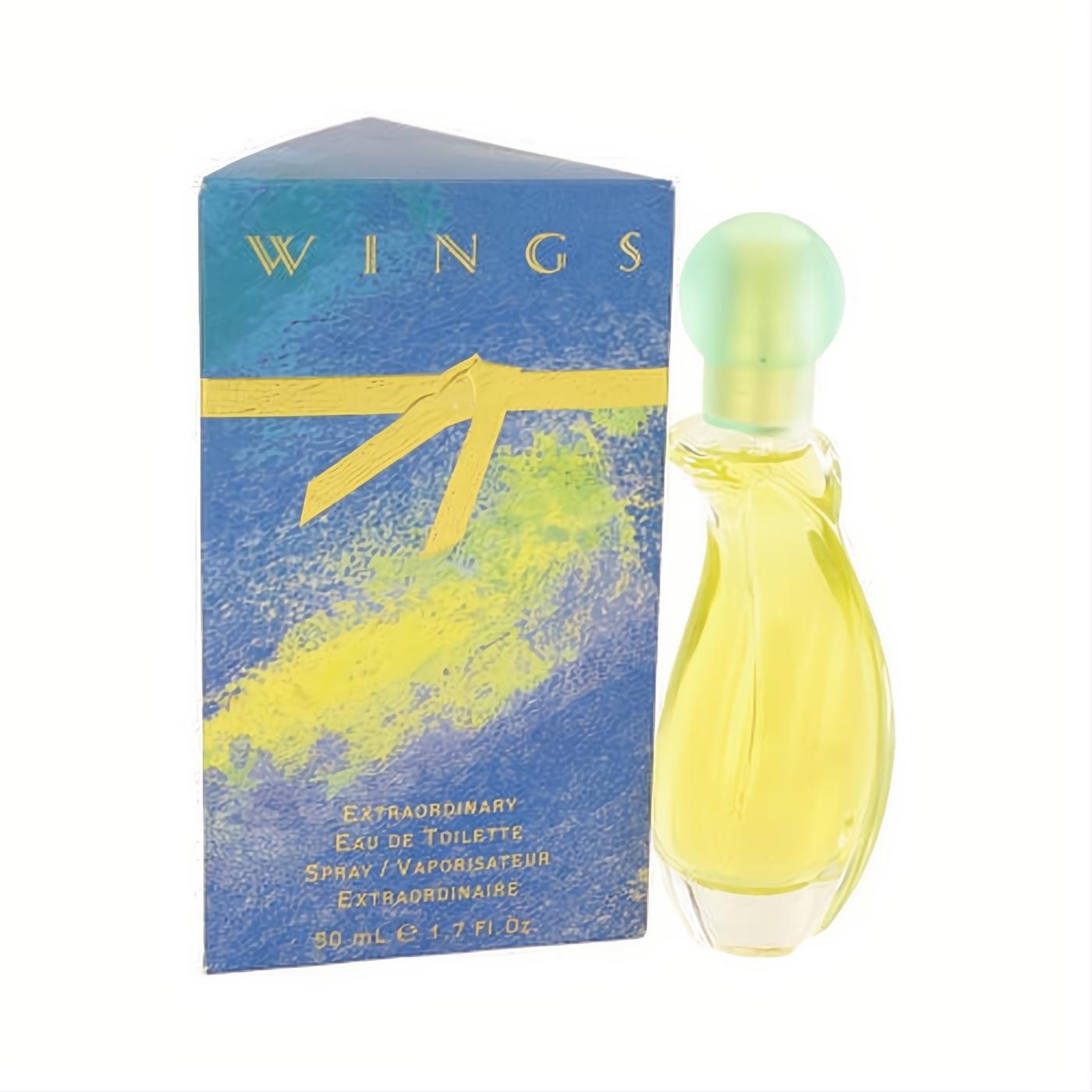 Captivating WINGS Giorgio Beverly Hills 1.7 oz EDT. Elegant twisted glass bottle, yellow liquid, green cap, beside its vibrant blue box.
