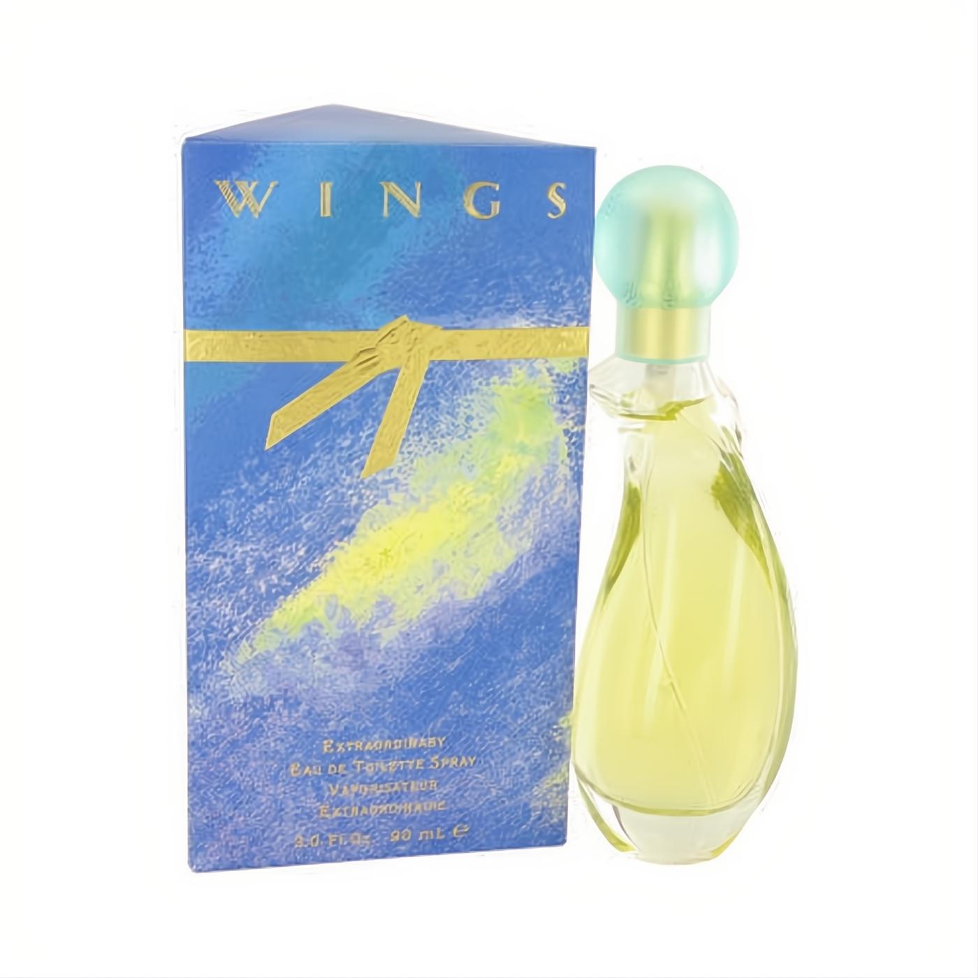 Luxurious Giorgio Beverly Hills Wings 3 oz EDT spray. Elegant twisted glass bottle with a light green cap and vibrant blue & gold box.