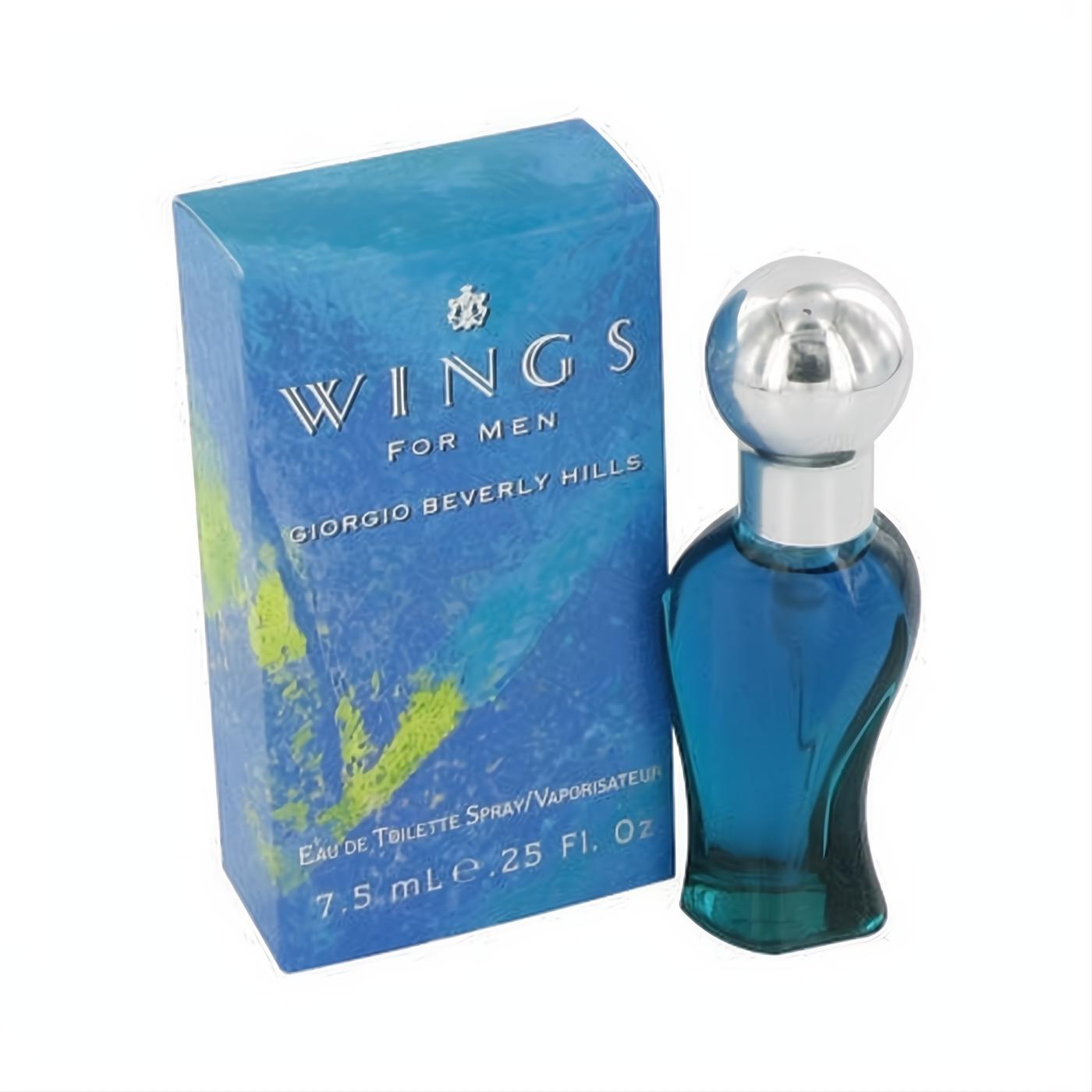 Giorgio Beverly Hills Wings For Men .25 oz EDT spray. Refreshing blue glass bottle, sleek silver cap, and vibrant box.