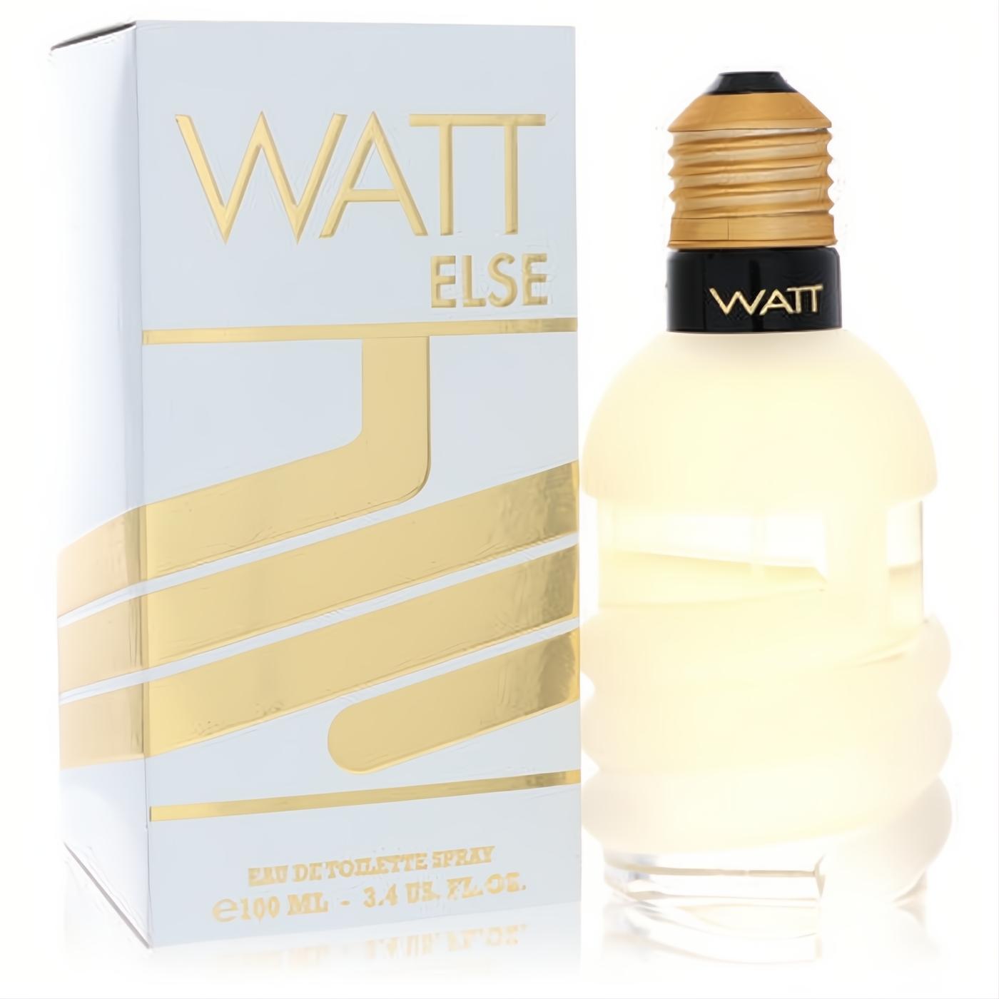Watt Else 3.4 oz women's EDT. Captivating frosted lightbulb bottle with gold accents, paired with its elegant white and gold box.