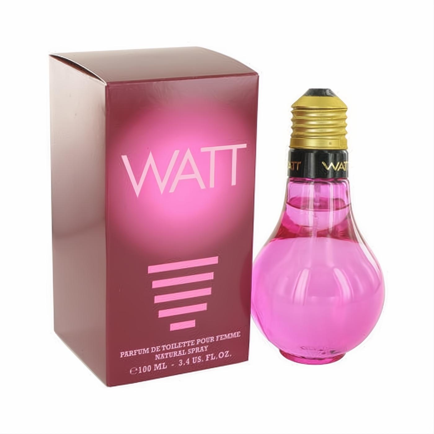 Vibrant Watt Pink 3.4 oz perfume in a distinctive pink lightbulb bottle with a golden cap, beside its sleek magenta box.