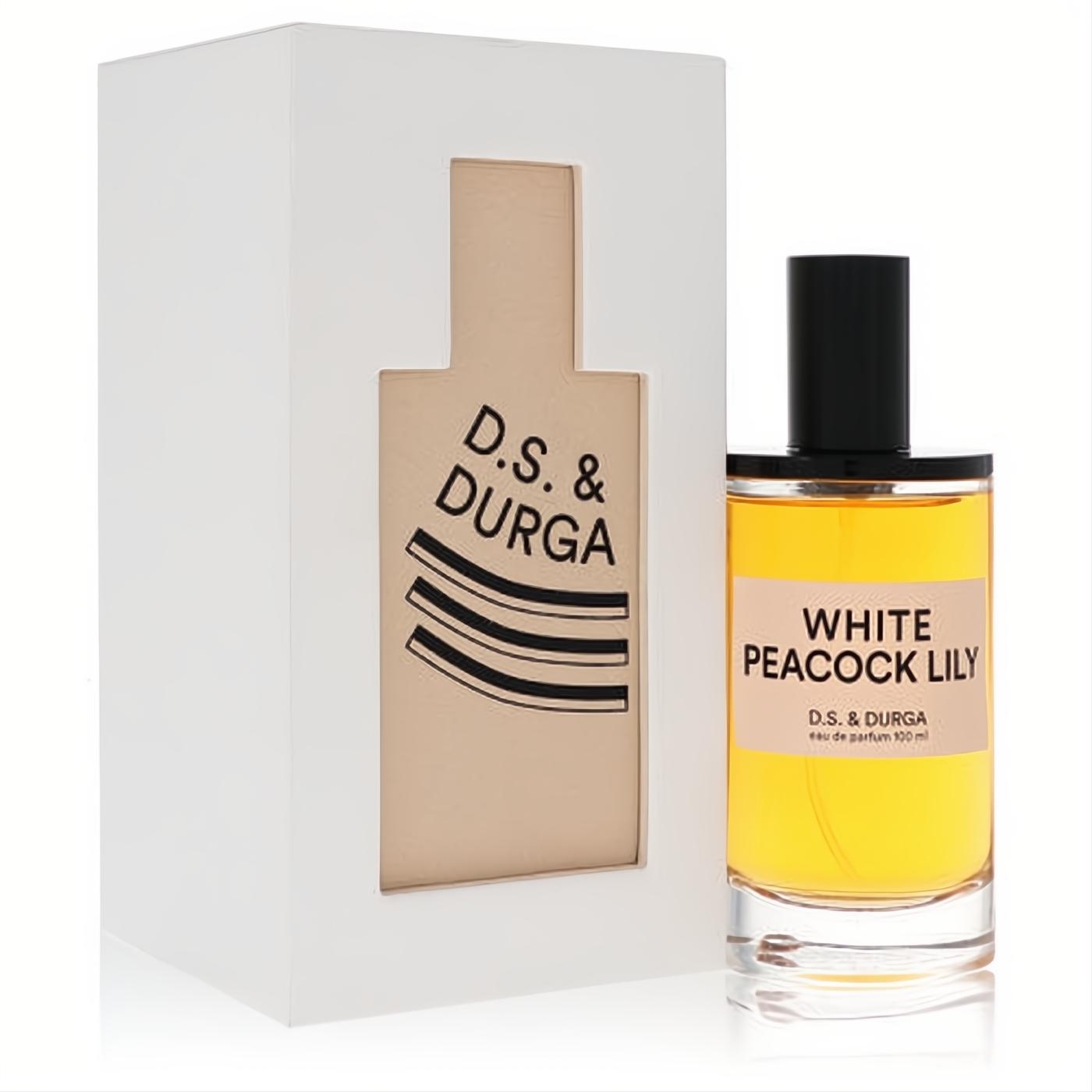 Elevate your scent with D.S. & Durga White Peacock Lily 100ml eau de parfum. Golden liquid in a clear glass bottle, white branded box.