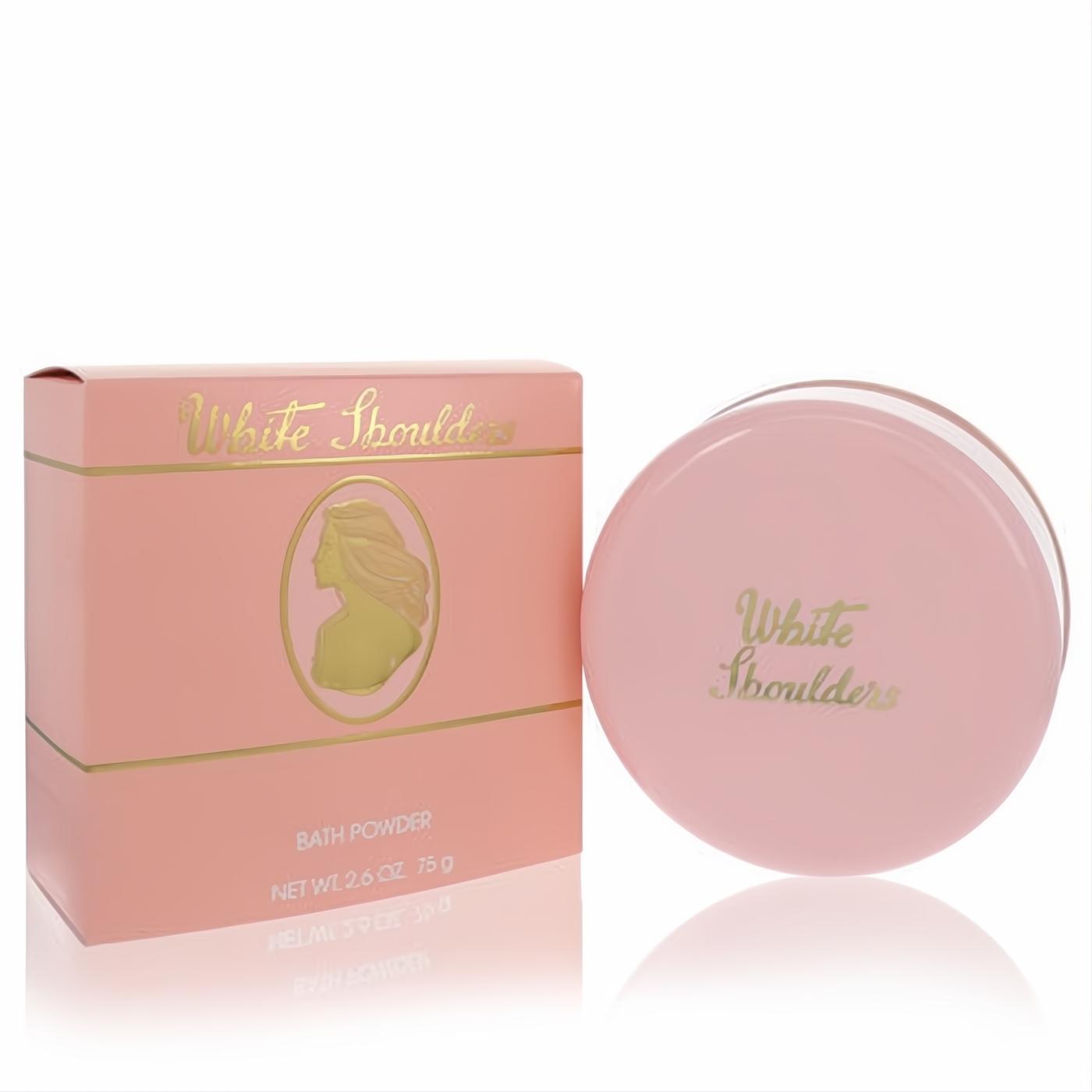 Luxurious White Shoulders 2.6 oz bath powder. Pink box with gold cameo design and matching round compact for women.