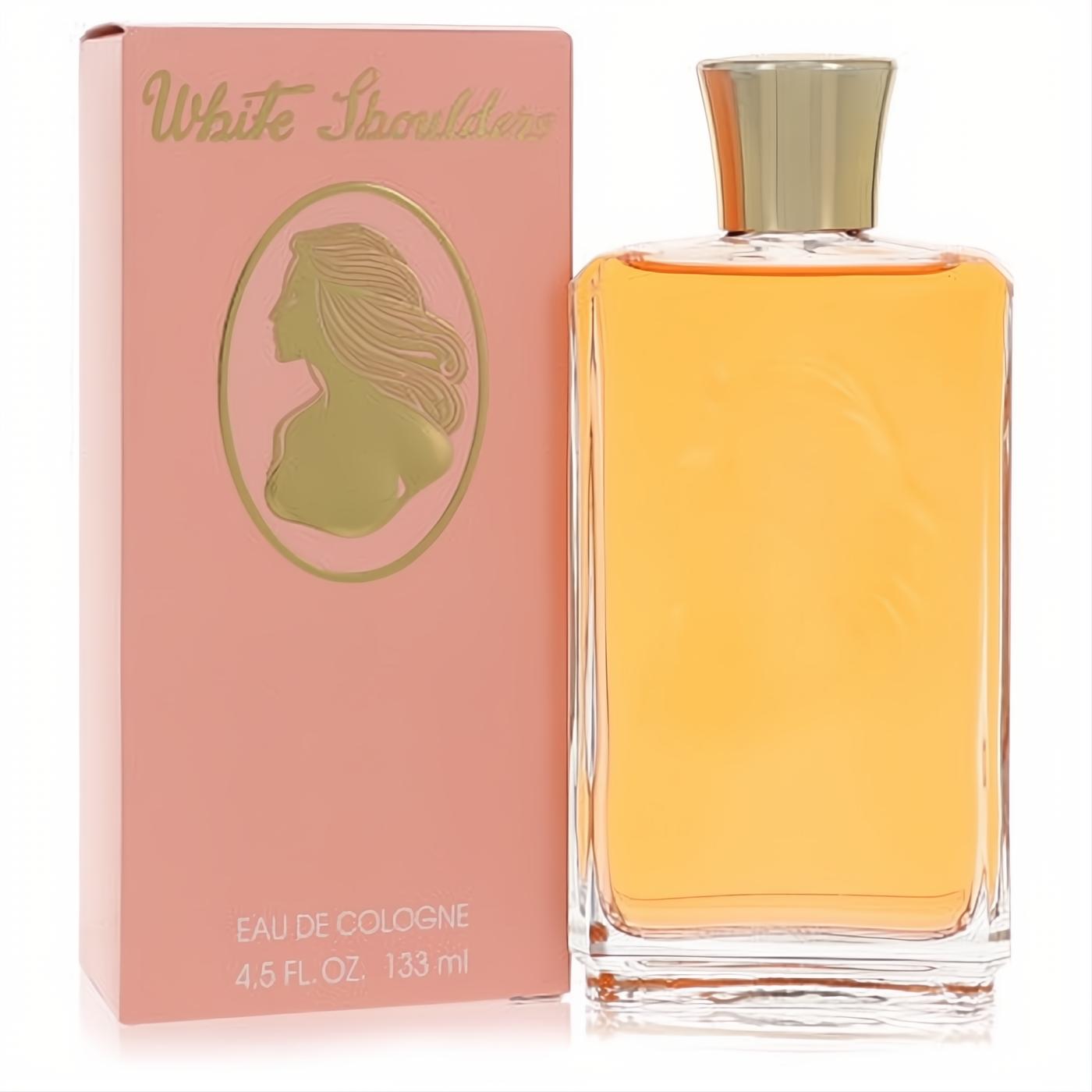 Classic White Shoulders 4.5 oz cologne bottle with amber liquid and gold cap, displayed with its iconic pink box featuring a gold cameo.