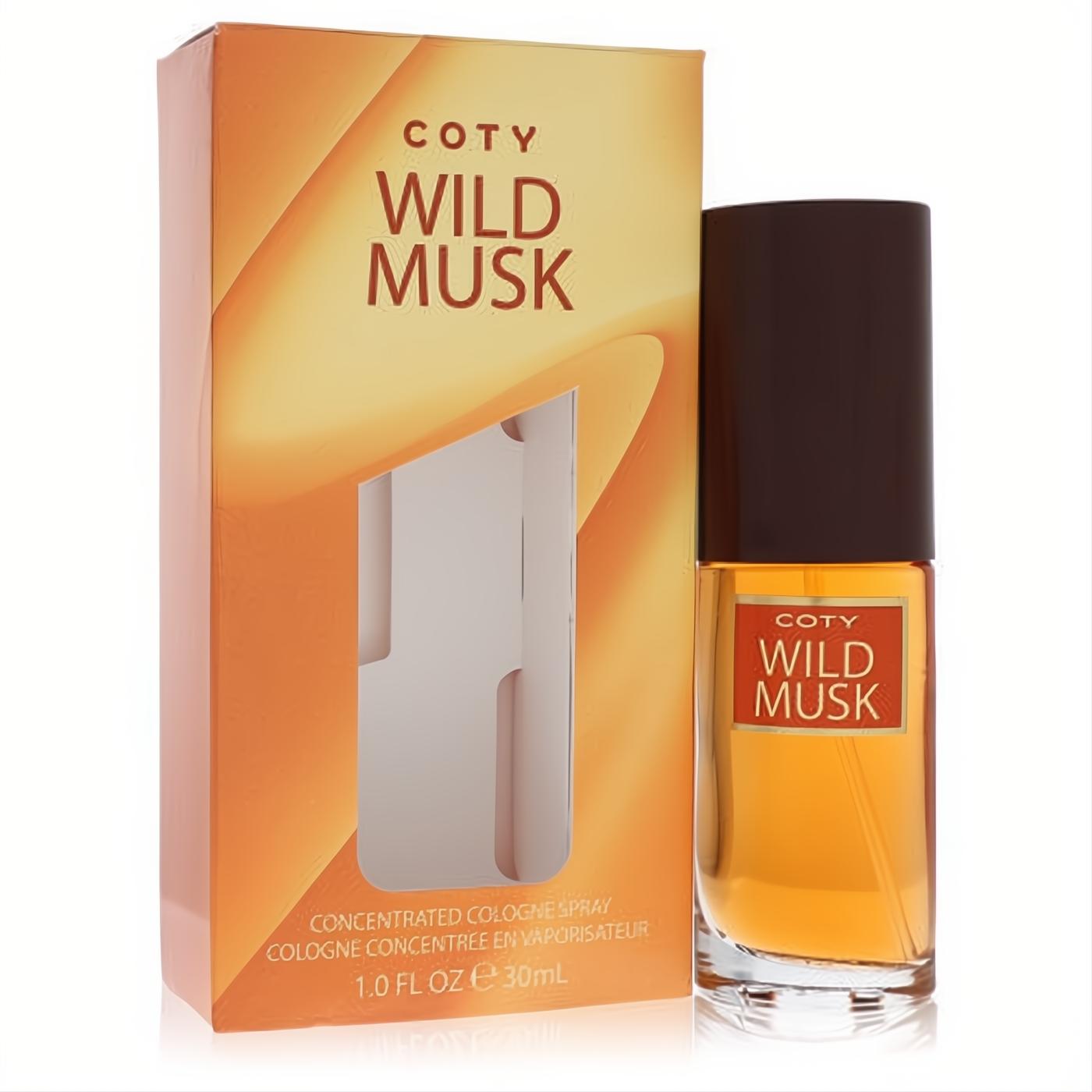 Experience Coty Wild Musk 1 oz concentrated cologne spray: clear bottle with amber liquid, dark brown cap, vibrant orange box.