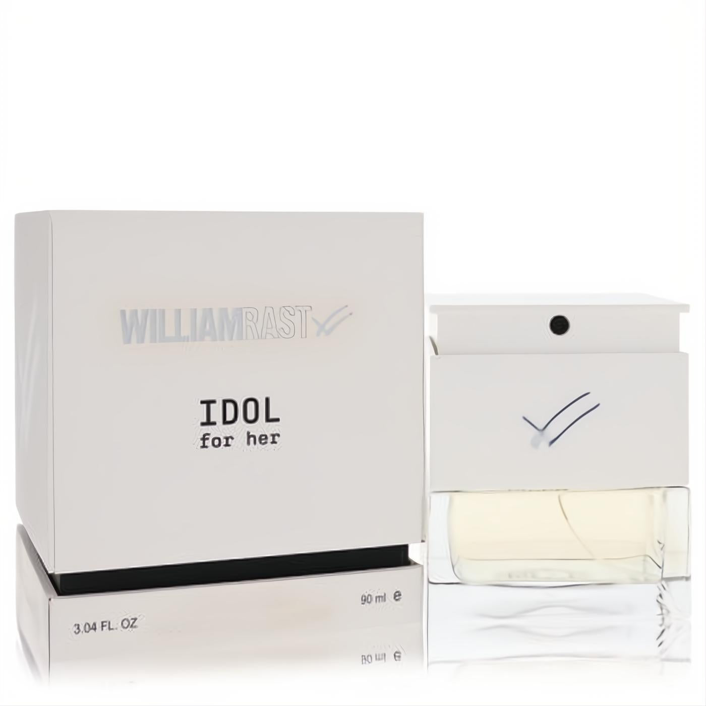 William Rast Idol 3.04 oz women's Eau De Parfum. Elegant white box and clear glass bottle with a signature checkmark.