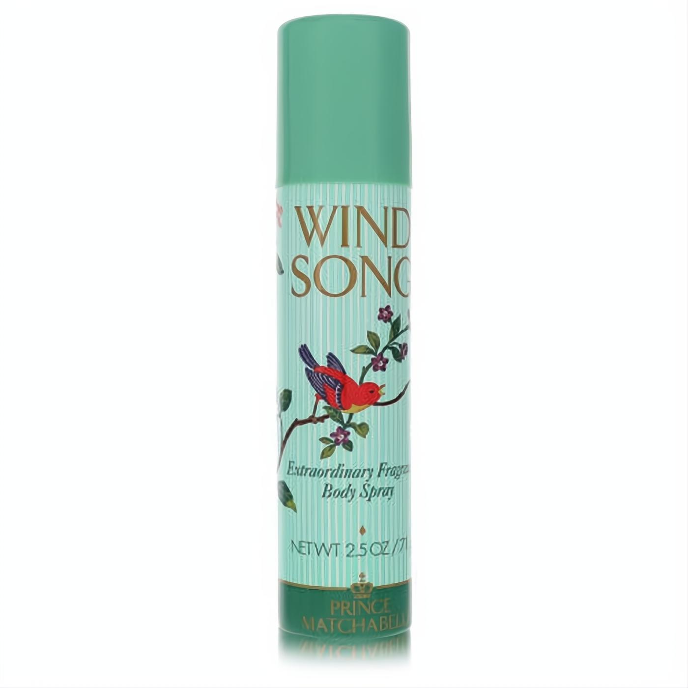 Wind Song 2.5 oz women's deodorant spray. Mint green can with a vibrant red bird, floral branch, and classic striped design.