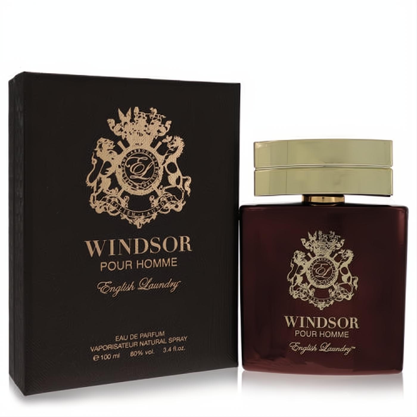 English Laundry Windsor Pour Homme 3.4 oz EDP. Luxurious dark red bottle with gold cap and elegant crest box.