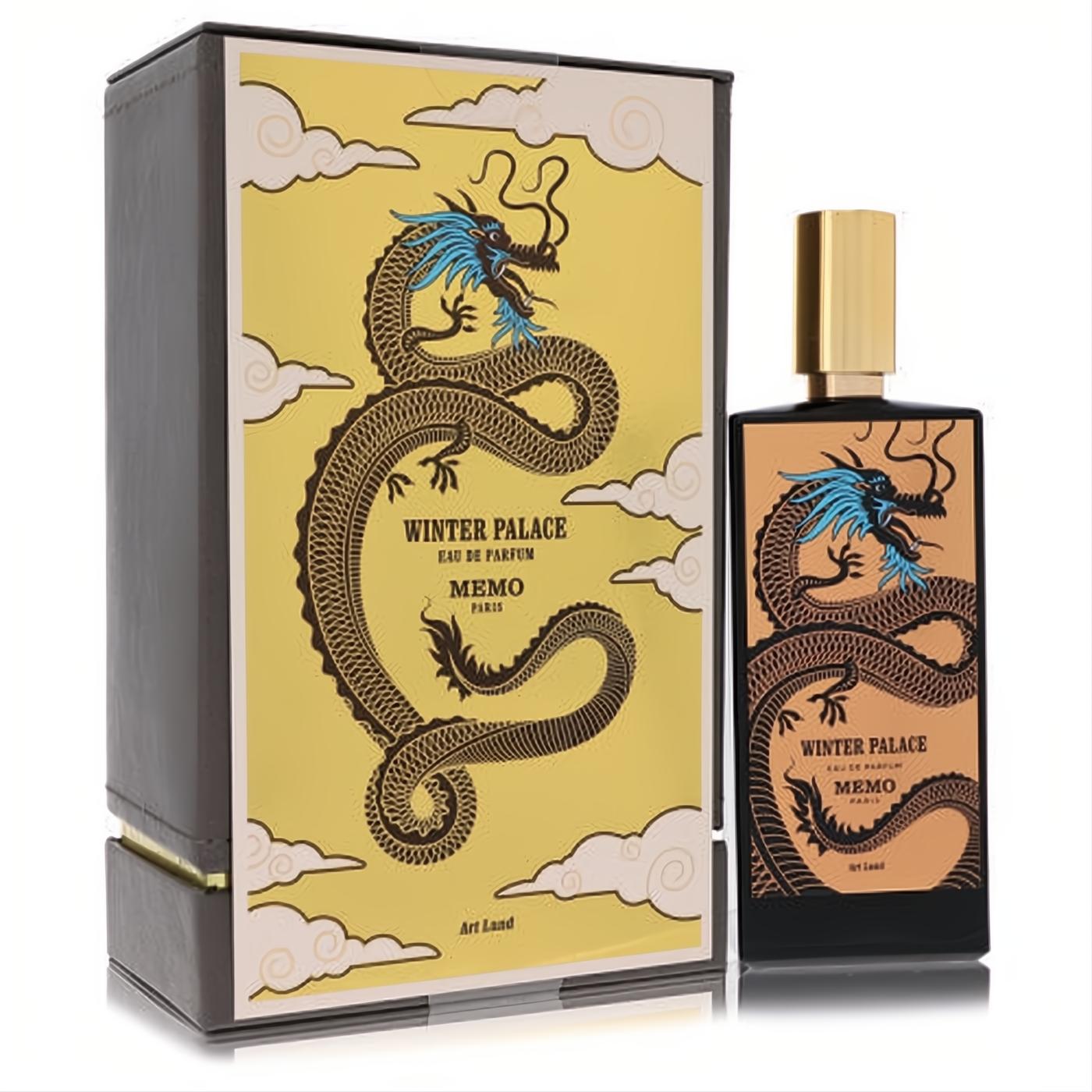 Memo Winter Palace 2.5 oz unisex EDP. Sleek black bottle, gold cap, and exotic Oriental dragon design with blue accents.