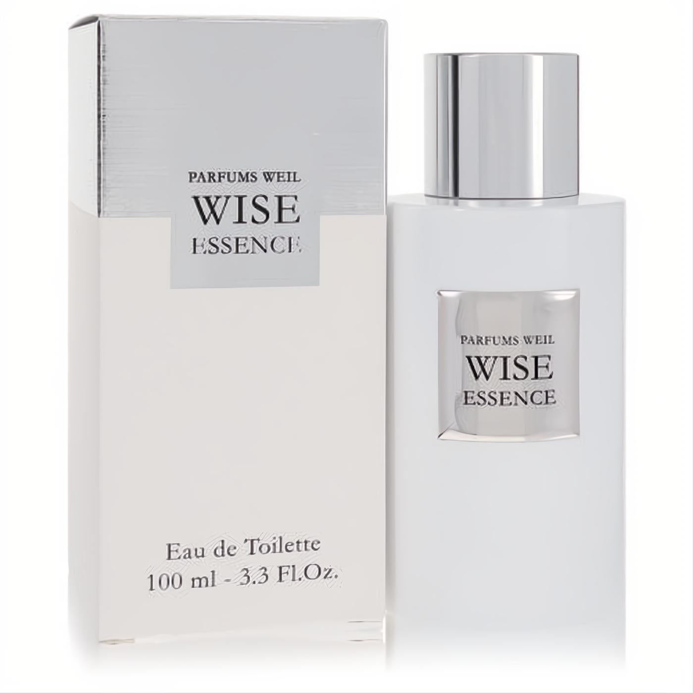 Sophisticated Wise Essence by Weil 3.3 oz men's EDT spray. Modern white bottle, sleek silver cap, and matching box.