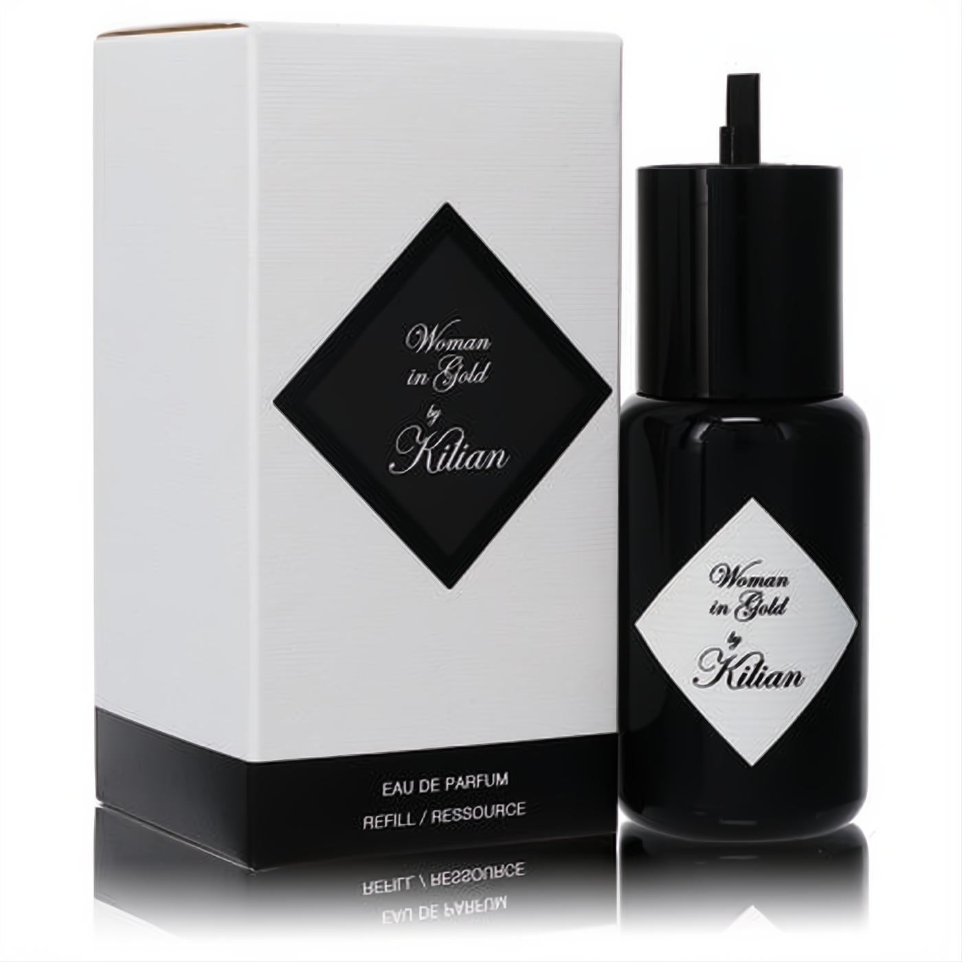 Elegant Kilian Woman in Gold black EDP refill bottle with white diamond label, next to its matching white branded box.