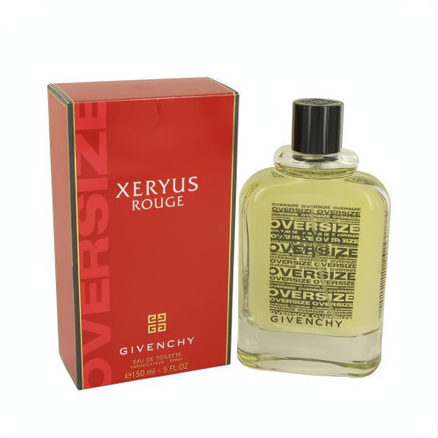 Bold Givenchy Xeryus Rouge 5 oz EDT. Red box, clear glass bottle with striking "OVERSIZE" text and black cap. Elevate your style.