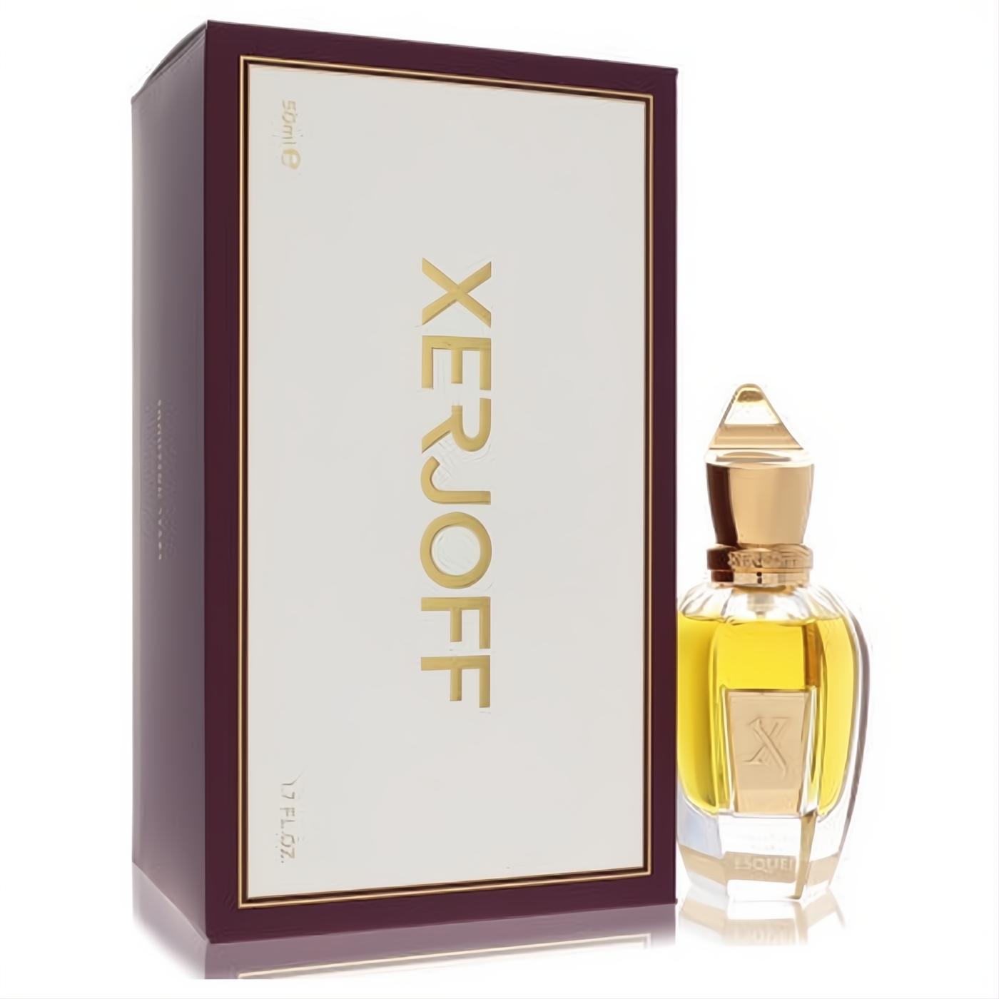 Elegant Xerjoff Esquel 1.7 oz women's EDP, featuring a golden liquid bottle with ornate gold cap and luxurious burgundy box.