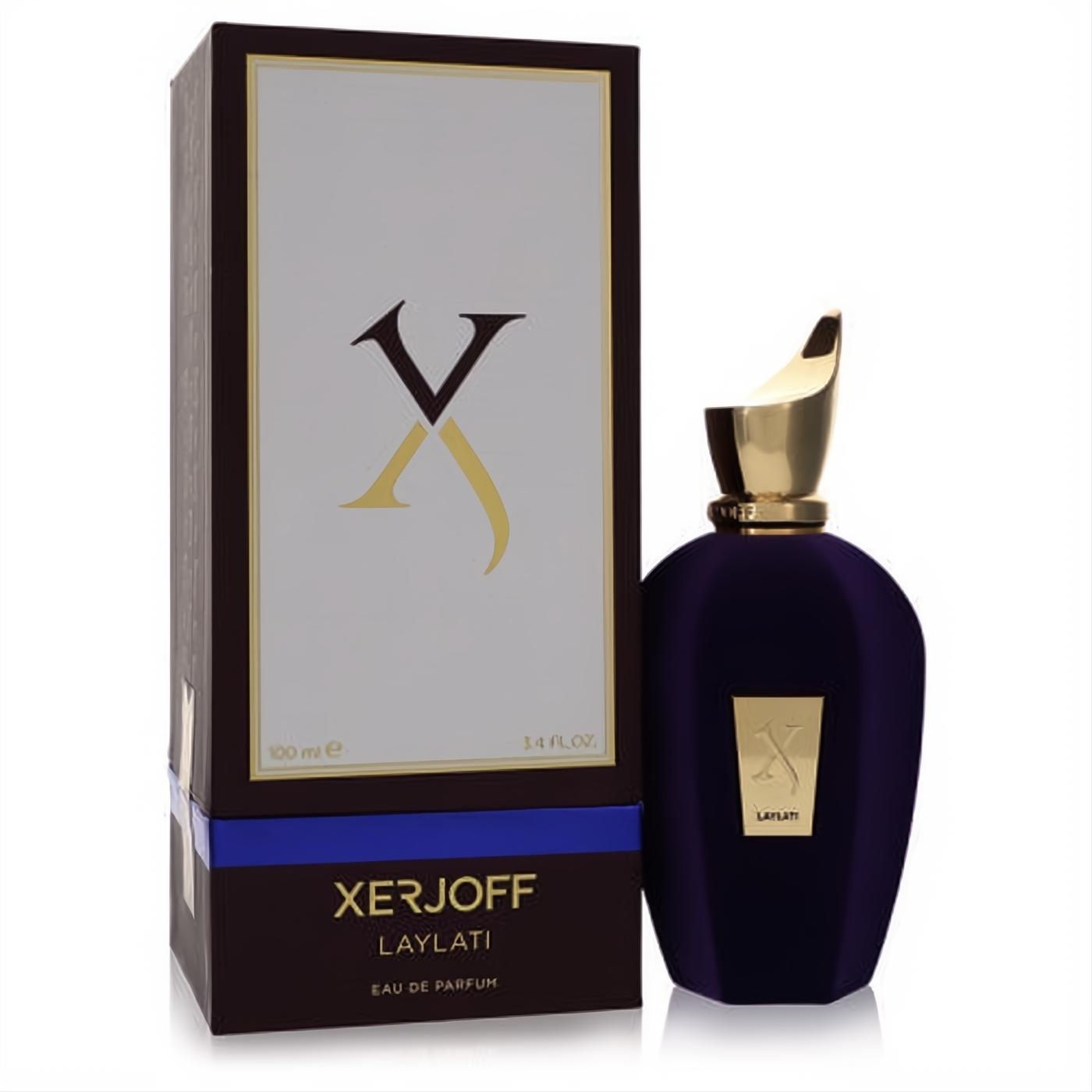 Luxurious Xerjoff Laylati 3.4 oz unisex Eau De Parfum. Distinctive dark purple velvet bottle with elegant gold cap and branded box.