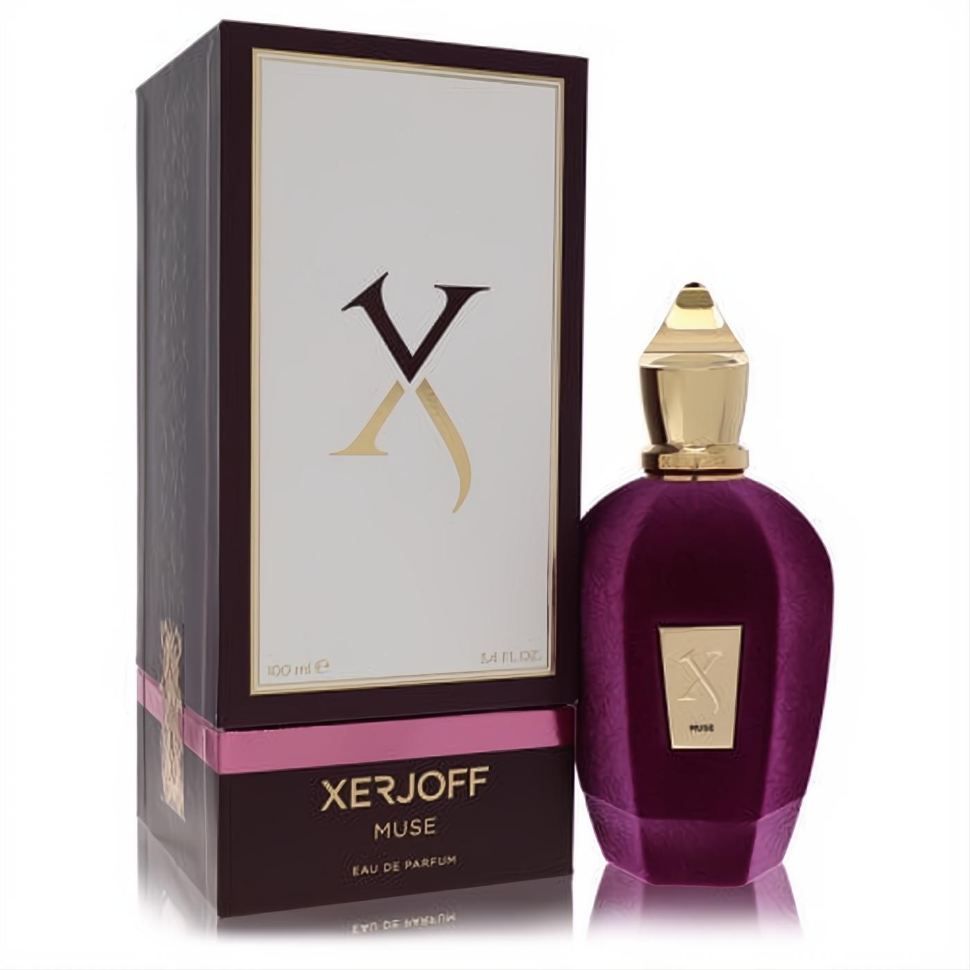 Luxurious Xerjoff Muse 3.4 oz EDP. Elegant velvet plum bottle with gold accents and matching designer box.