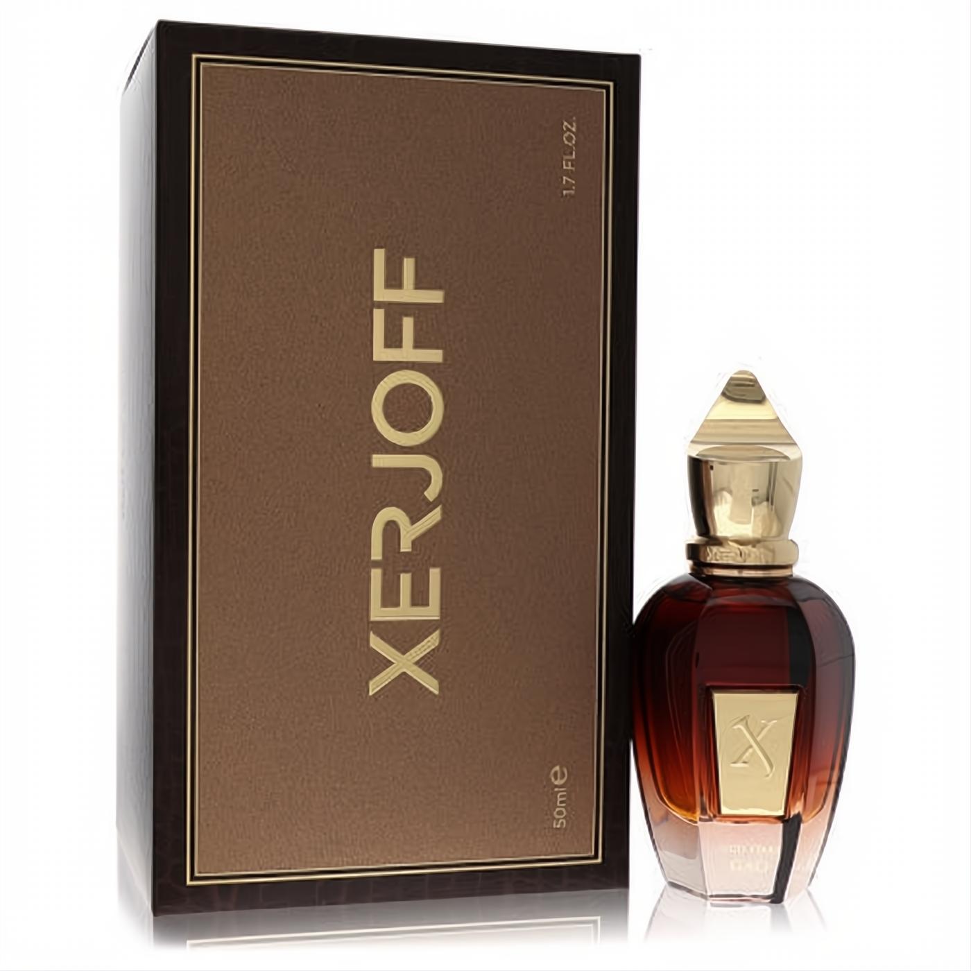 Elegant Xerjoff Oud Stars Gao 1.7 oz unisex perfume bottle, amber glass with a gold X emblem and ornate cap, next to its brown and gold box.