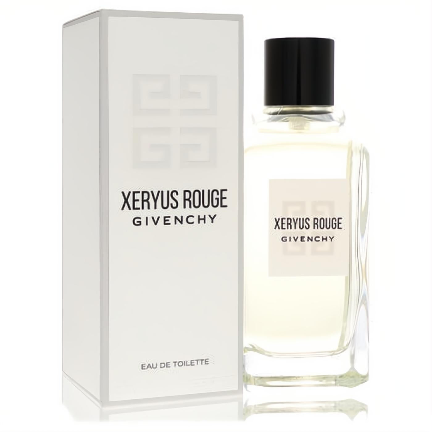 Experience Xeryus Rouge Givenchy 3.4 oz EDT spray. Sleek clear glass bottle with black cap and elegant white branded box.