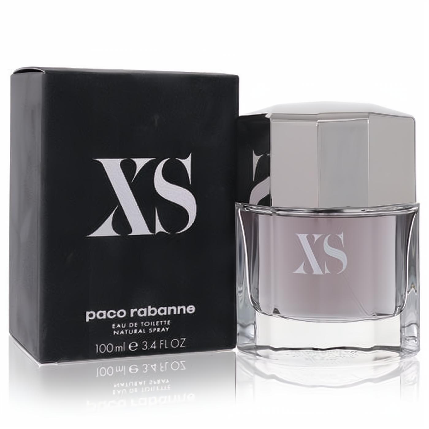 Bold Paco Rabanne XS men's Eau de Toilette, 3.4 oz. Sleek clear glass bottle with silver cap and iconic black box.
