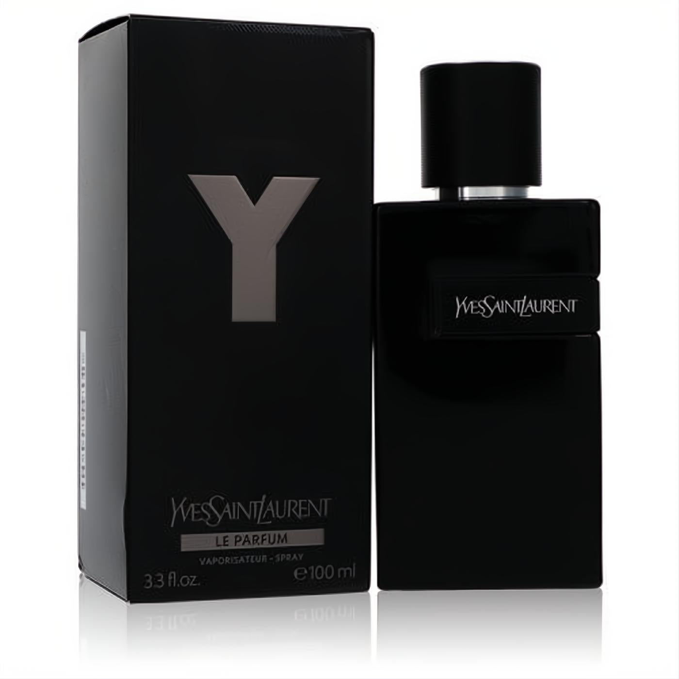 Luxurious Y Le Parfum by Yves Saint Laurent 3.3 oz men's fragrance. Sleek glossy black bottle and matte box with silver Y logo.