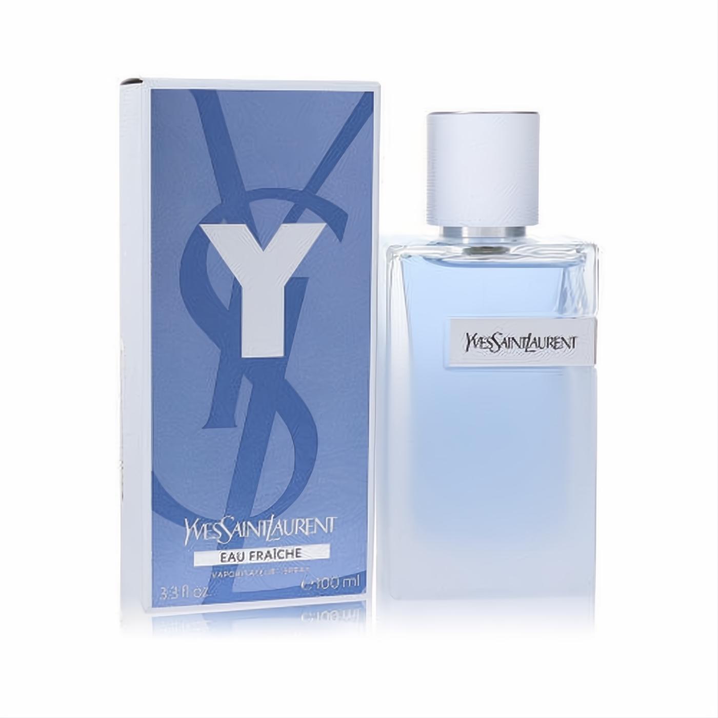 Sleek Y by Yves Saint Laurent Eau Fraiche 3.3 oz cologne. Clear bottle with refreshing light blue liquid, white cap, and iconic blue Y-logo box.