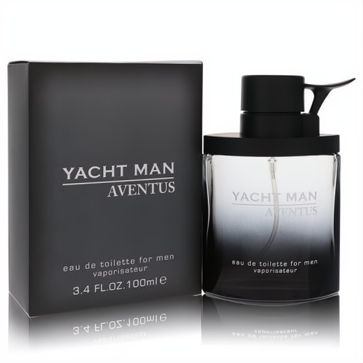 Yacht Man Aventus 3.4 oz EDT for men. Modern clear-to-black gradient bottle and sleek matte black box.