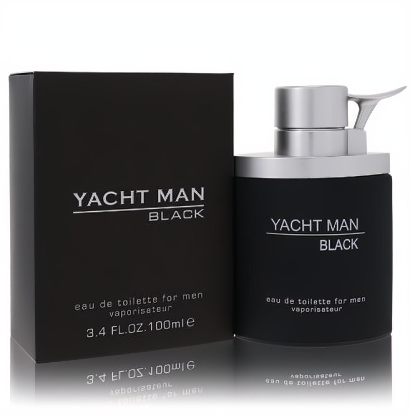 Yacht Man Black 3.4 oz EDT for men. Modern black bottle with distinctive silver pump and matching elegant box.