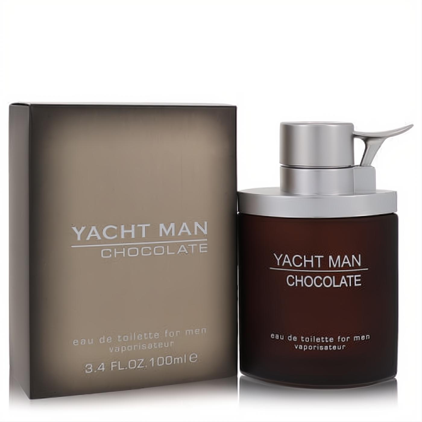 Yacht Man Chocolate 3.4 oz men's cologne. Dark brown frosted glass bottle with a distinctive silver pump, beside its elegant box.