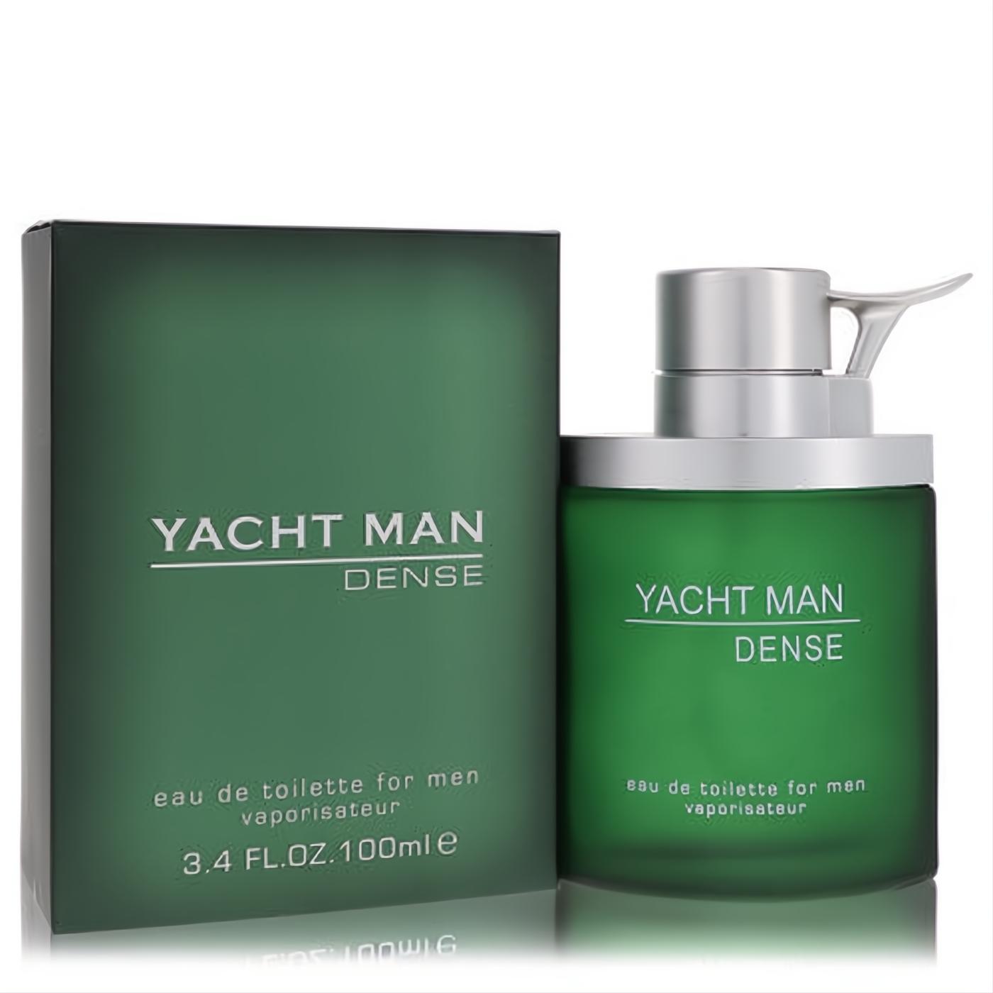 Discover Yacht Man Dense 3.4 oz men's eau de toilette. Sleek frosted green bottle, unique silver sprayer, and matching dark green box.