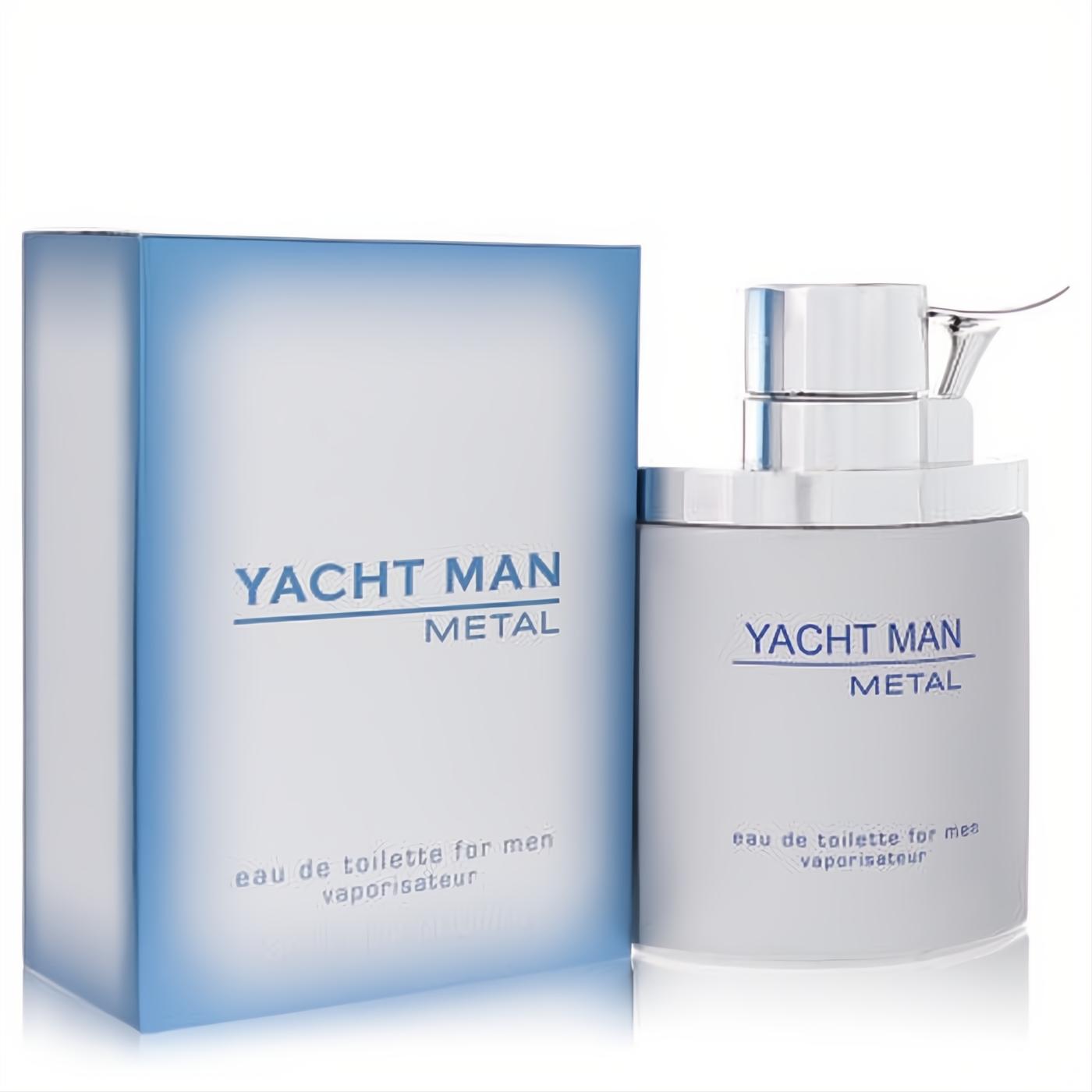 Yacht Man Metal 3.4 oz EDT for men. Modern matte silver bottle with chrome pump, sleek blue gradient box.