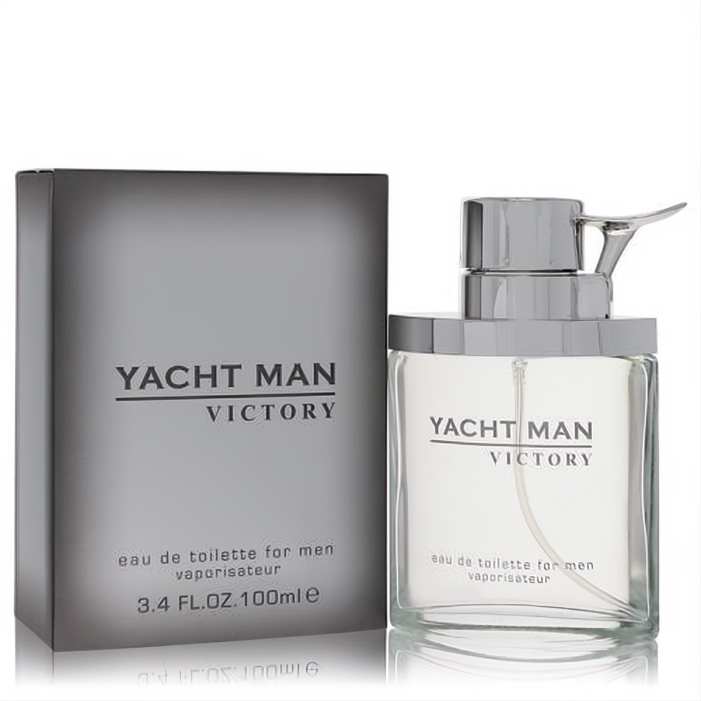 Yacht Man Victory 3.4 oz men's EDT. Sophisticated silver box and clear glass bottle with a distinctive metallic sprayer.
