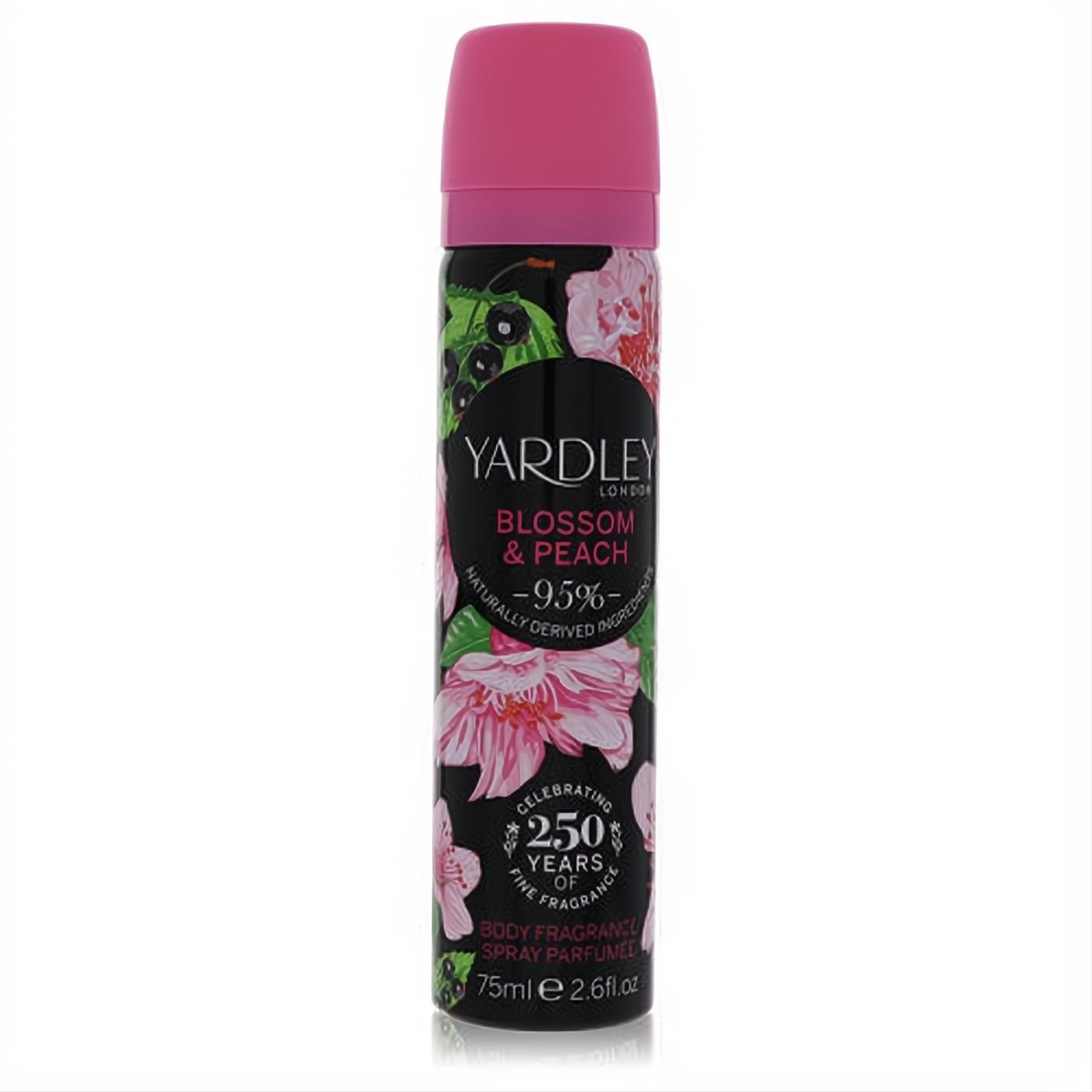 Yardley Blossom & Peach 2.6oz body spray. Black can with pink cap, vibrant pink blossoms, green leaves, and "250 Years of Fine Fragrance" text.