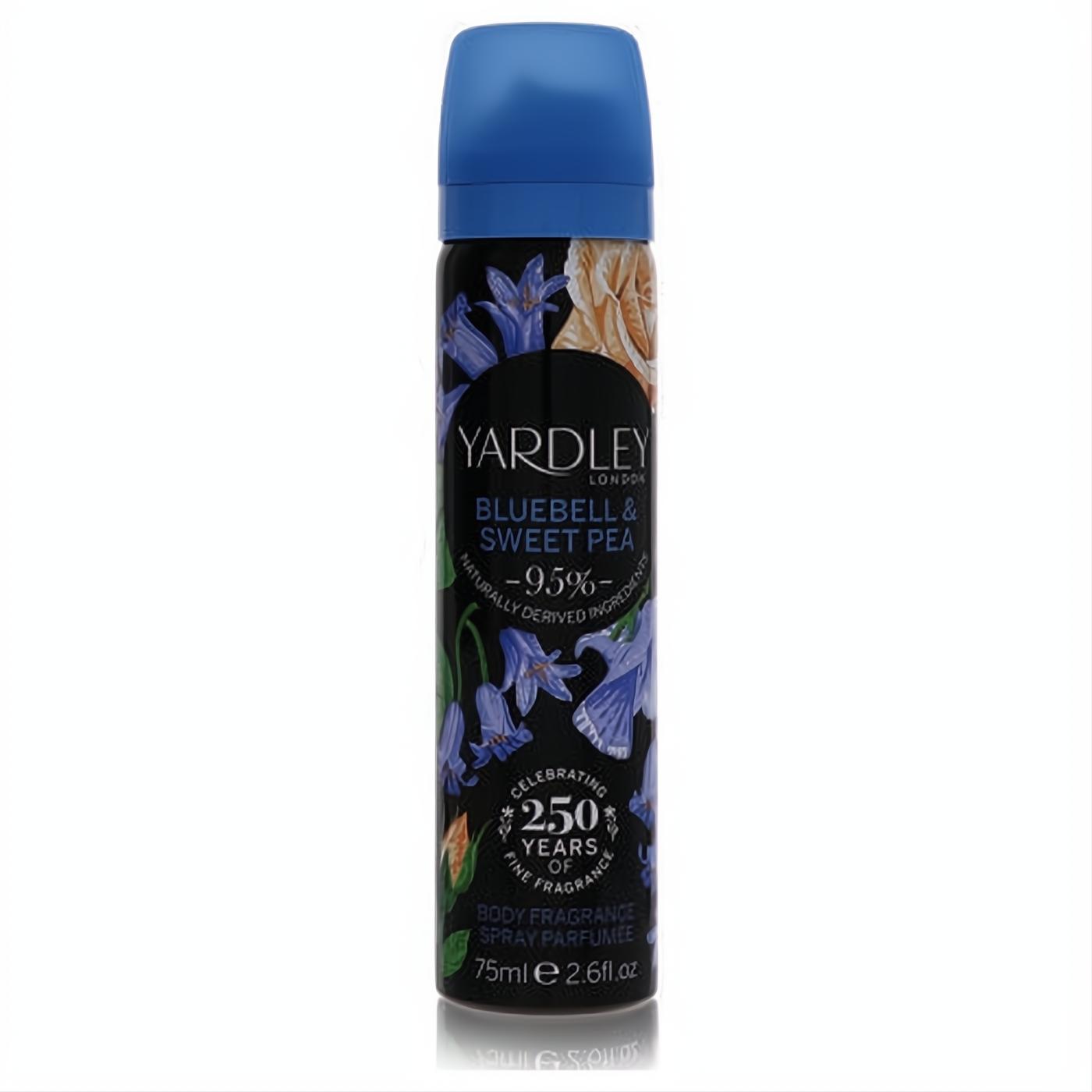 Yardley Bluebell & Sweet Pea 2.6 oz body spray. Black can with vibrant blue cap, adorned with elegant bluebell and rose floral art.