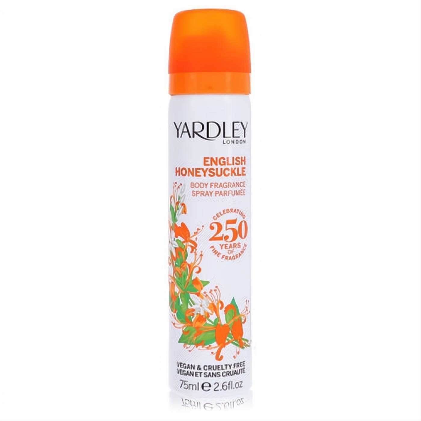 Yardley London English Honeysuckle 2.6 oz body spray. White can, bright orange cap, and elegant honeysuckle floral design.