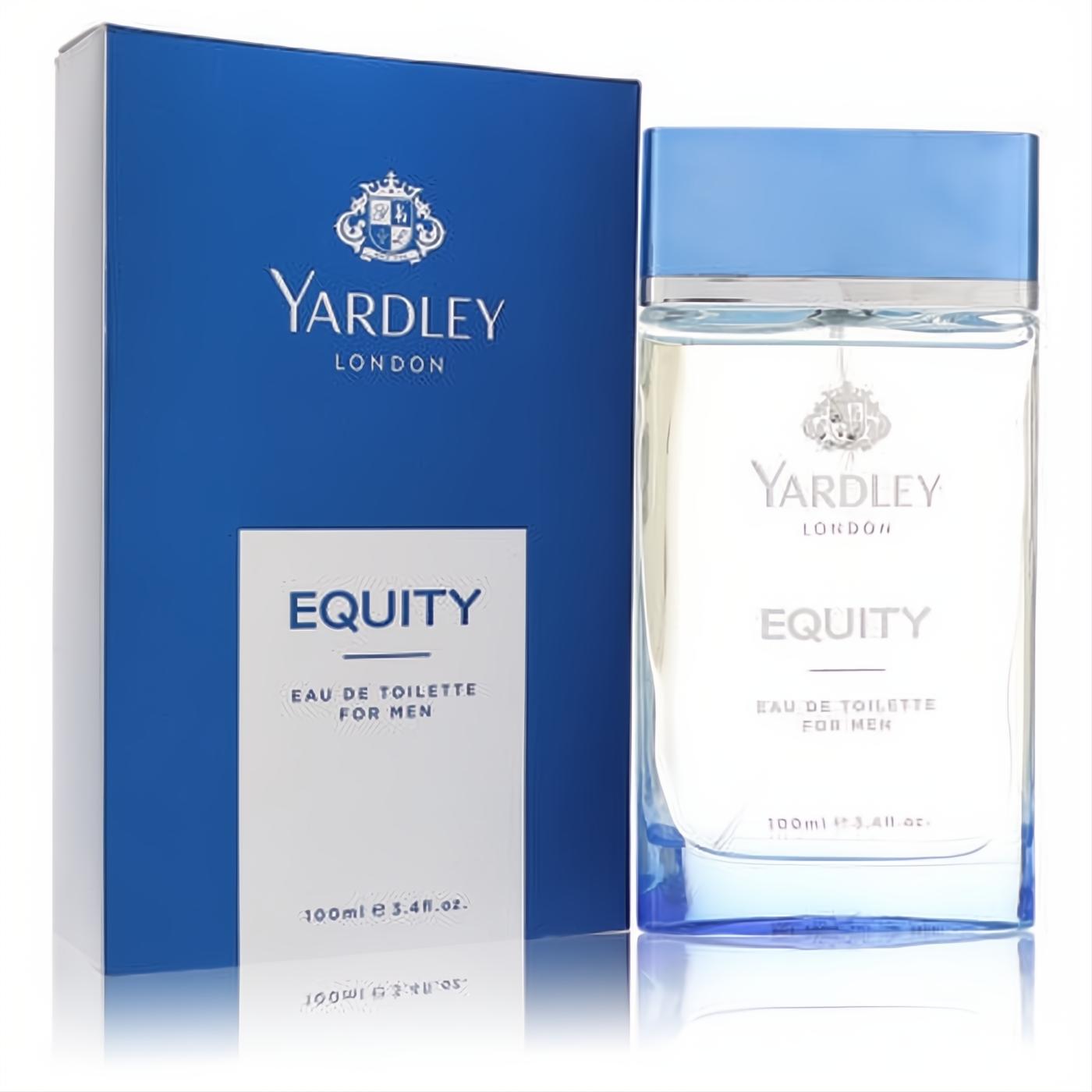 Yardley Equity 3.4 oz men's Eau De Toilette. Modern clear bottle with a light blue cap, presented with its elegant royal blue box.