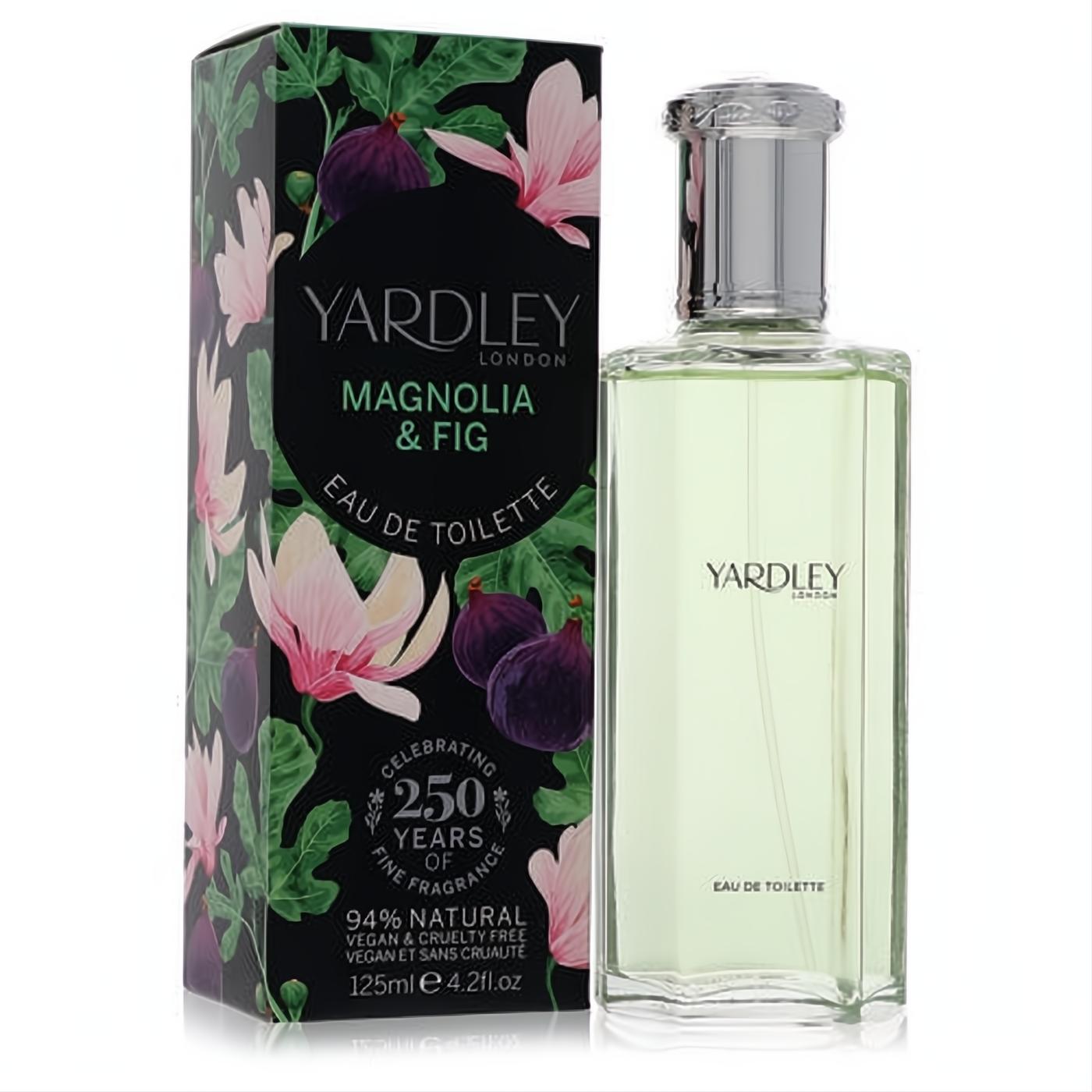Yardley London Magnolia & Fig 4.2 oz EDT spray. Clear bottle, silver cap, and a beautiful box with pink magnolias & purple figs.