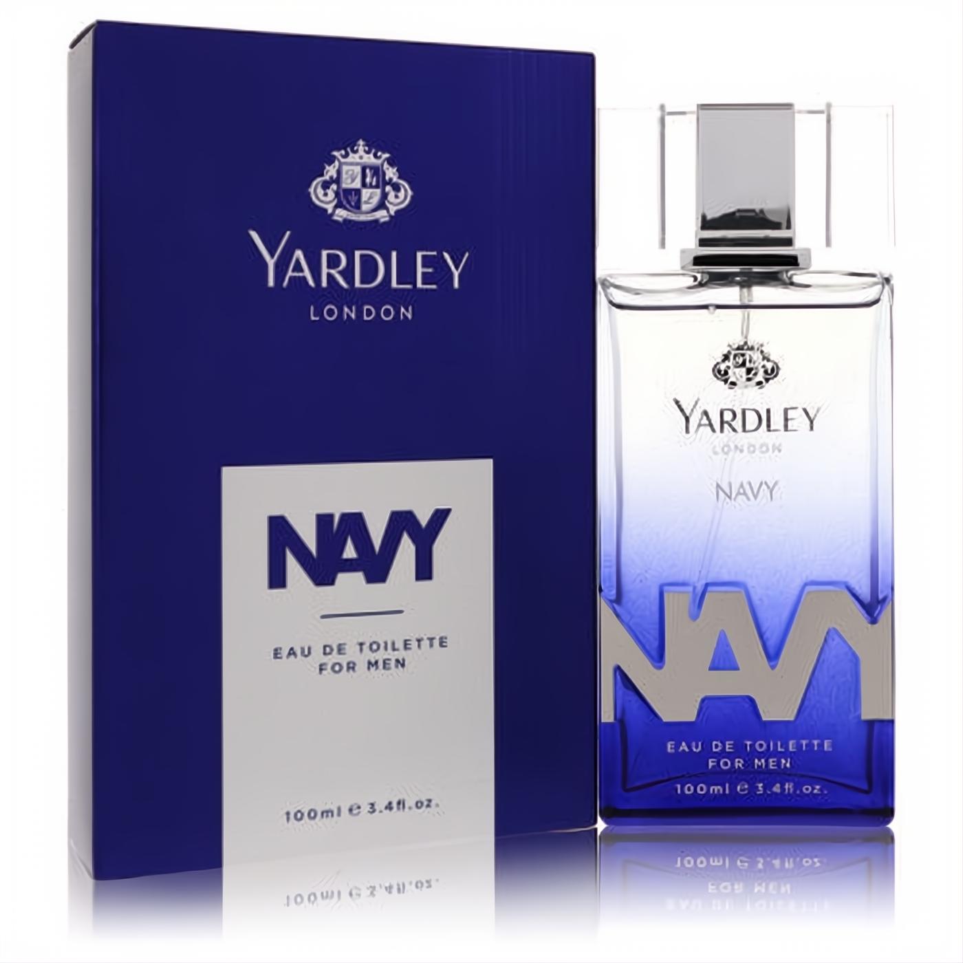 Sophisticated Yardley Navy 3.4 oz EDT. Clear glass bottle fades to deep blue with bold silver "NAVY" and sleek cap.