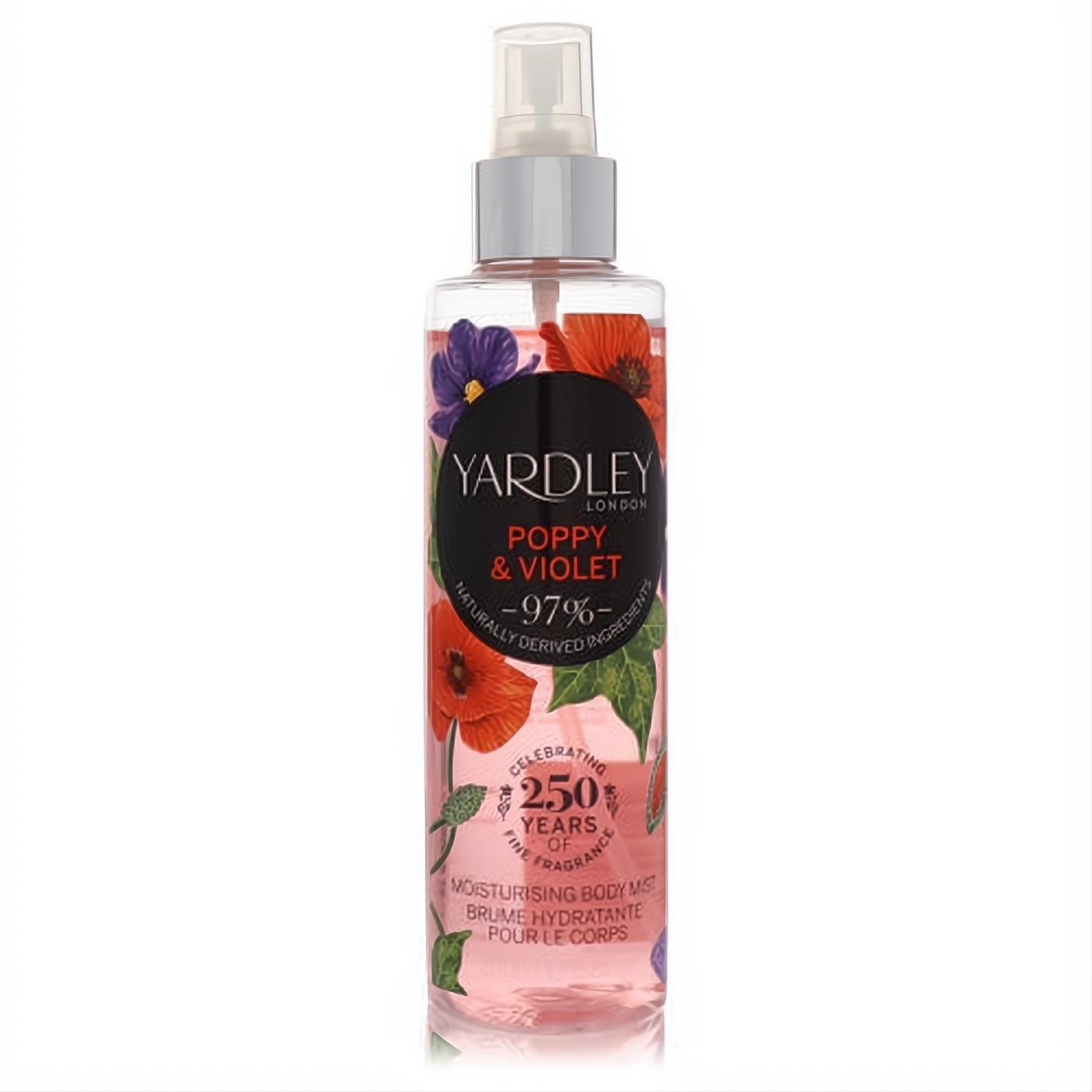 Yardley London Poppy & Violet body mist. Clear bottle, vibrant red poppies, purple violets, celebrating 250 years of fine fragrance.